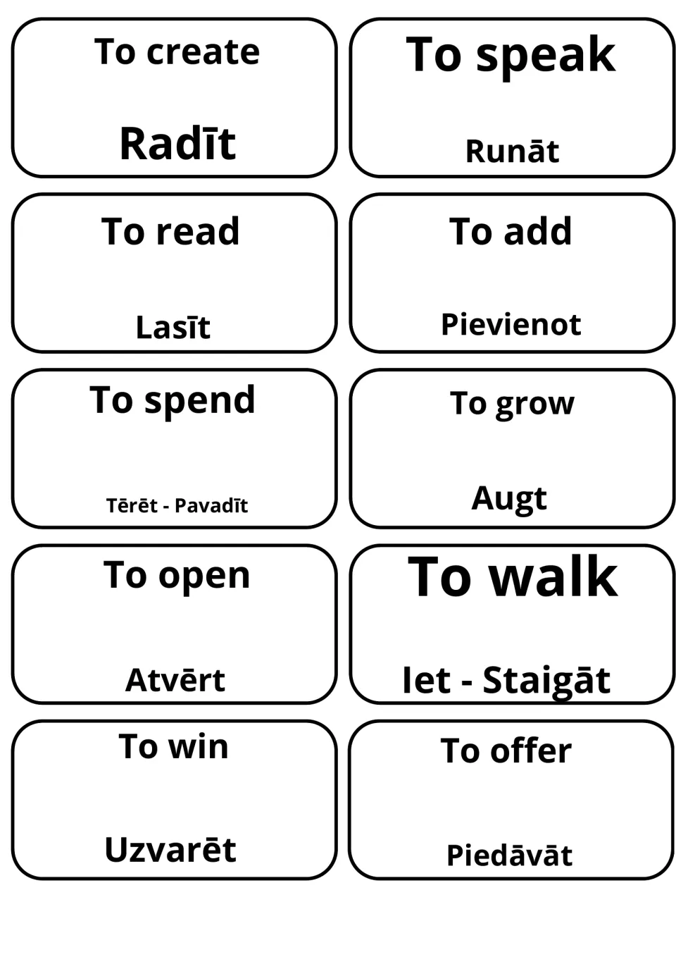 Latvian cards: to create is Radīt, to read Lasīt, to spend Tērēt - Pavadīt, to open Atvērt and to walk Iet - Staigāt