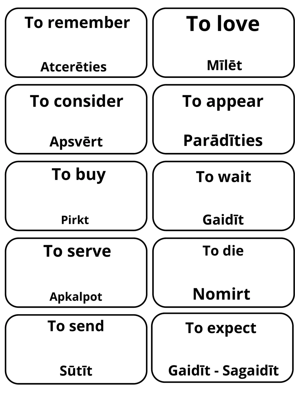 Verb pairs on 10 cards, including to remember (Atcerēties), to consider (Apsvērt), to buy (Pirkt), to serve and to expect