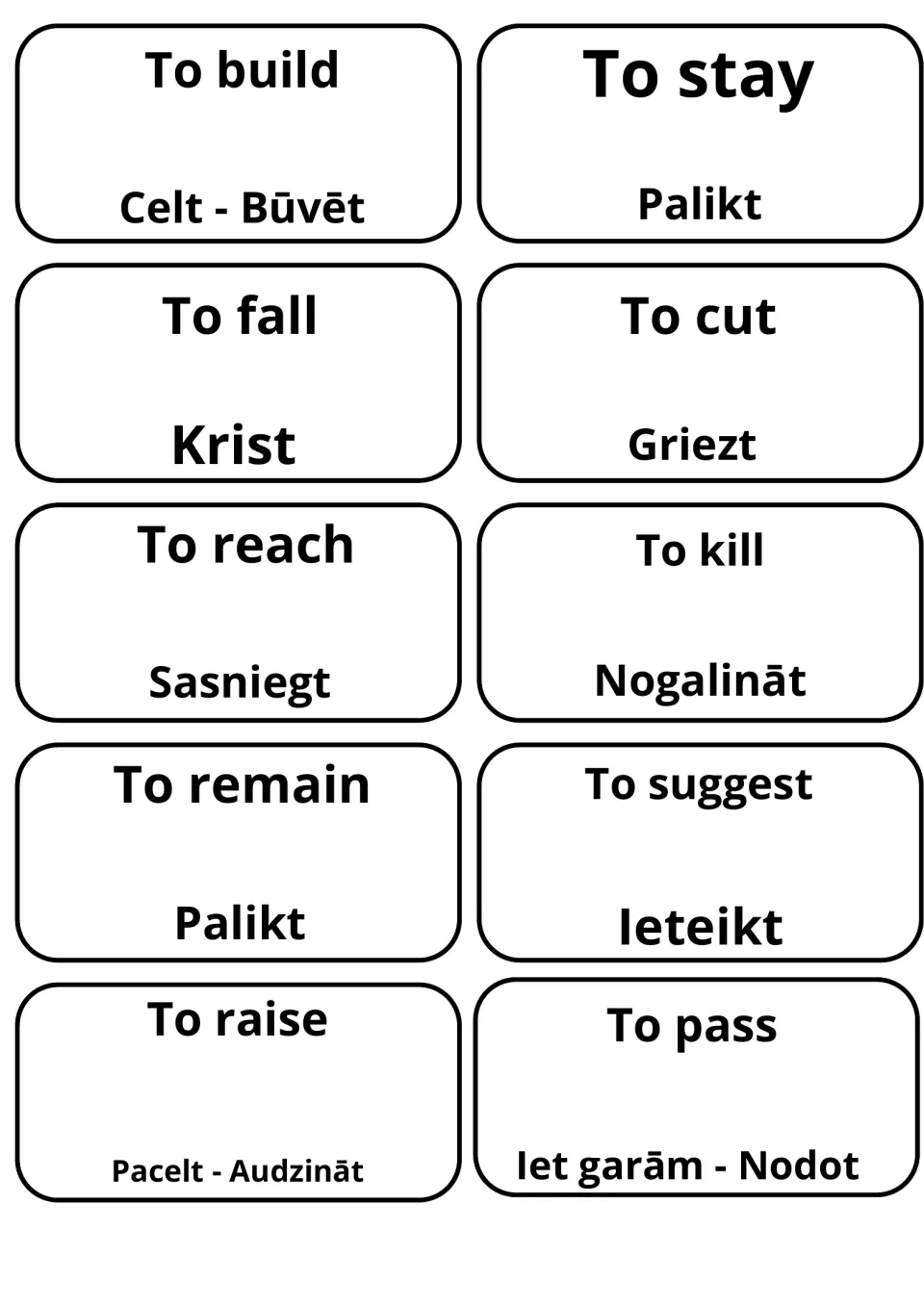 Cards matching to build, to fall, to cut, to reach and to remain with Latvian Celt - Būvēt, Krist, Griezt, Sasniegt, Palikt
