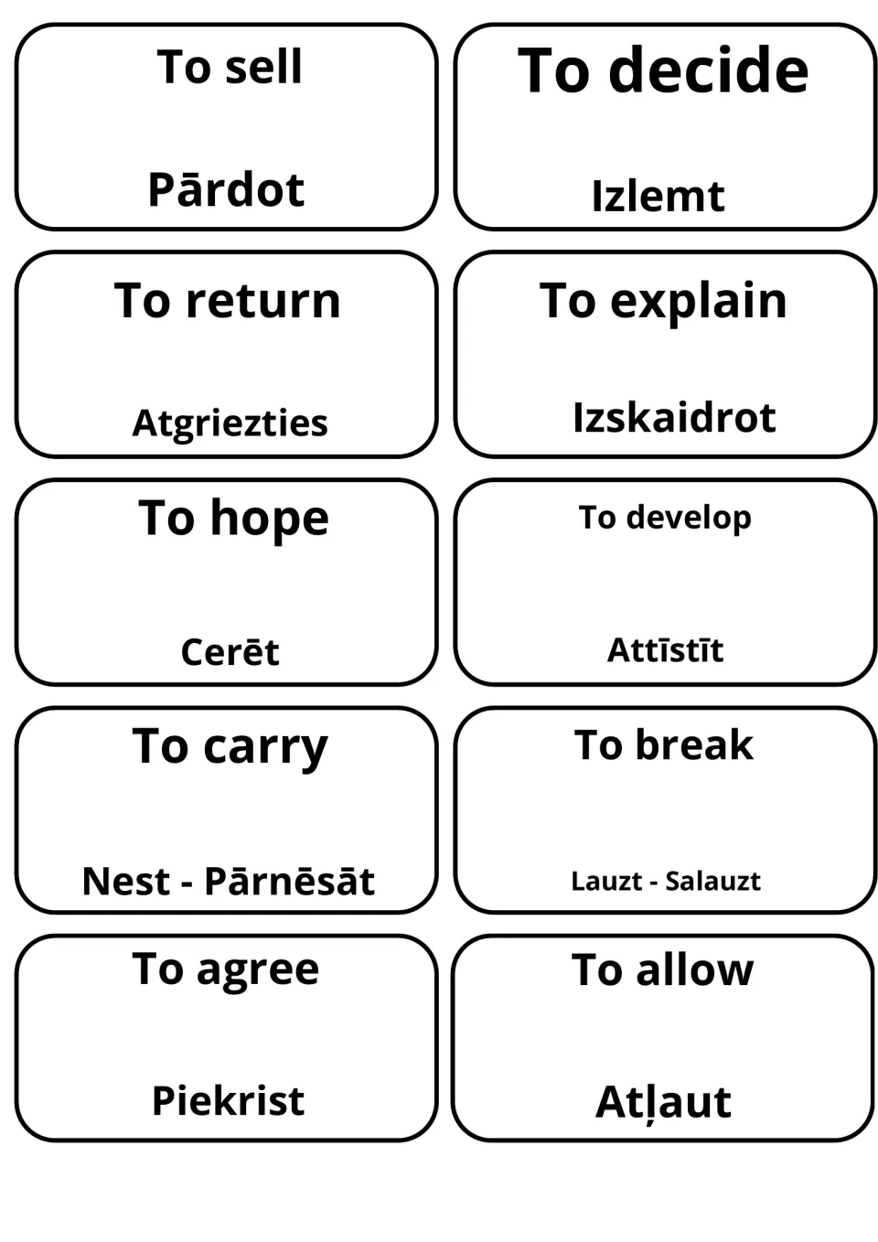 Verb cards: to sell (Pārdot), to return (Atgriezties), to hope (Cerēt), to carry, to agree and to allow (Atļaut)