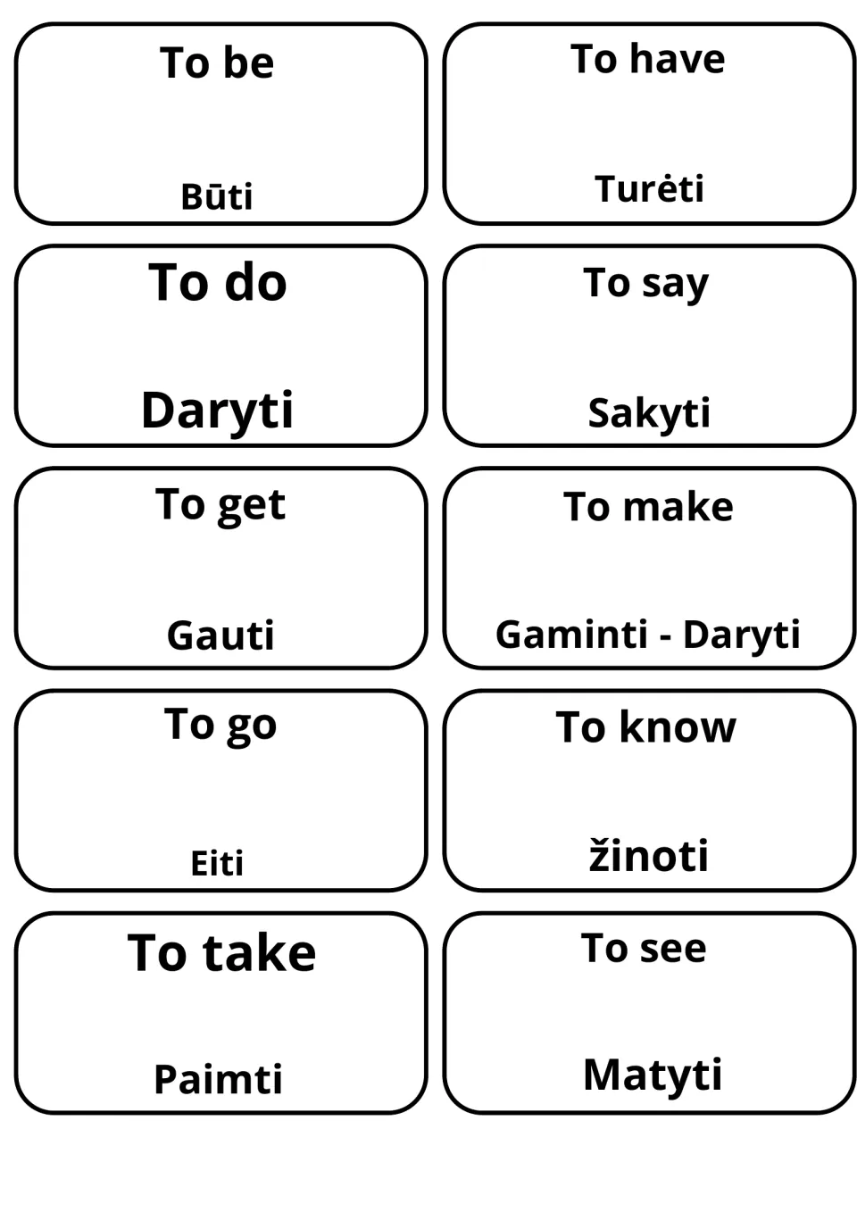 English-Lithuanian verb flashcards: 10 cut-apart cards pair to be, to have, to do and to say with Būti, Turėti, Daryti