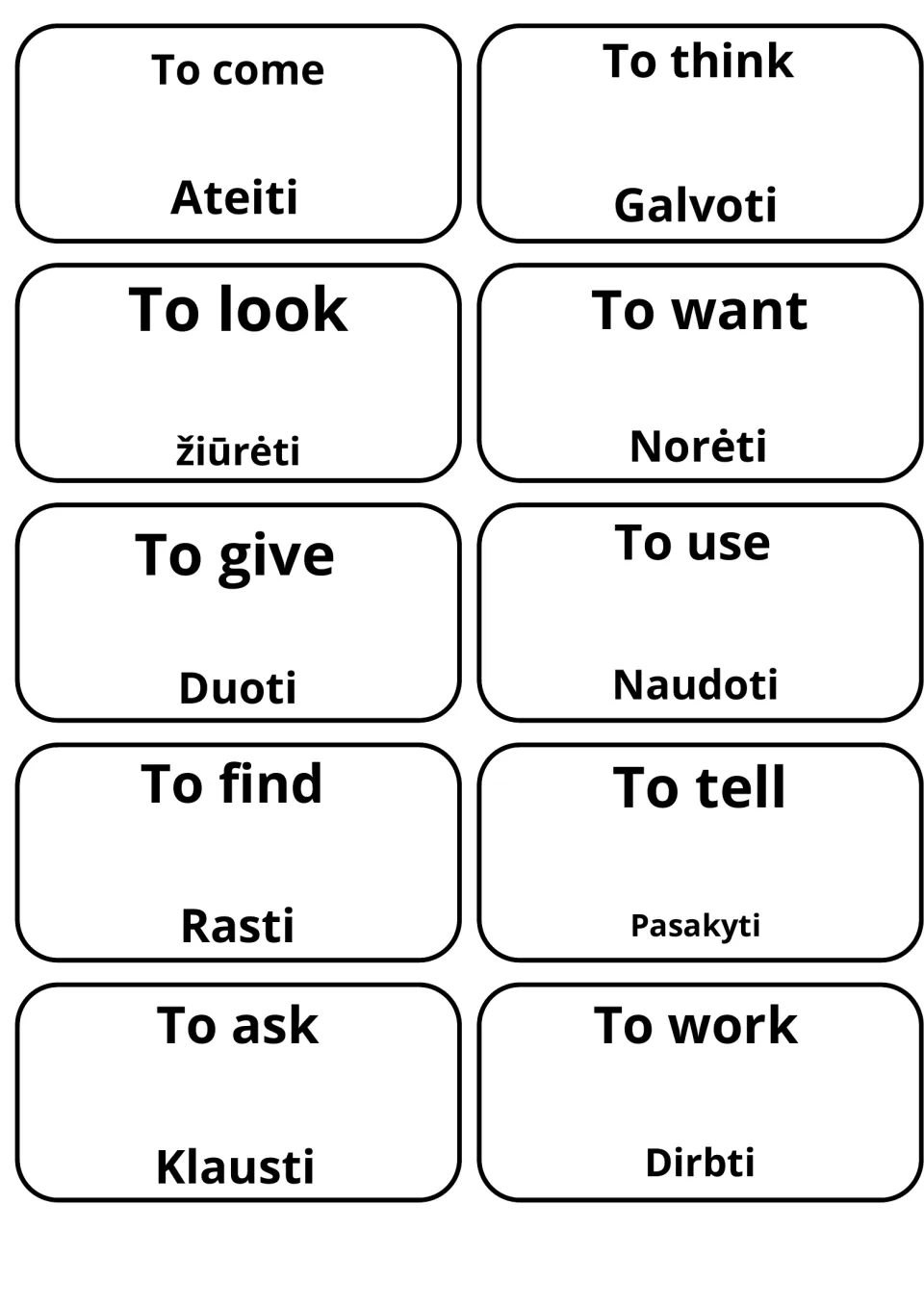 Lithuanian verb flashcards: to come, to think, to look and to want matched with Ateiti, Galvoti, žiūrėti and Norėti