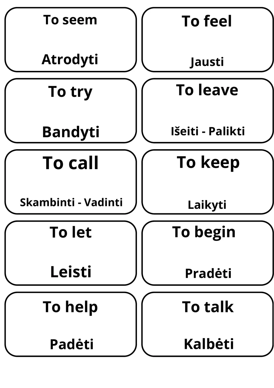 Verb flashcards in English and Lithuanian: to seem, to feel, to try and to leave as Atrodyti, Jausti, Bandyti, Išeiti