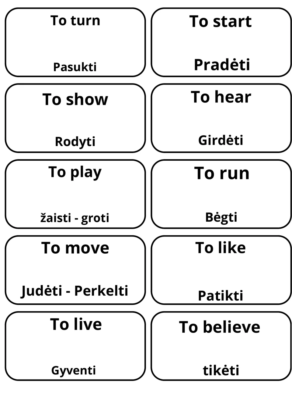 Lithuanian translation cards for to turn, to start, to show and to hear: Pasukti, Pradėti, Rodyti and Girdėti
