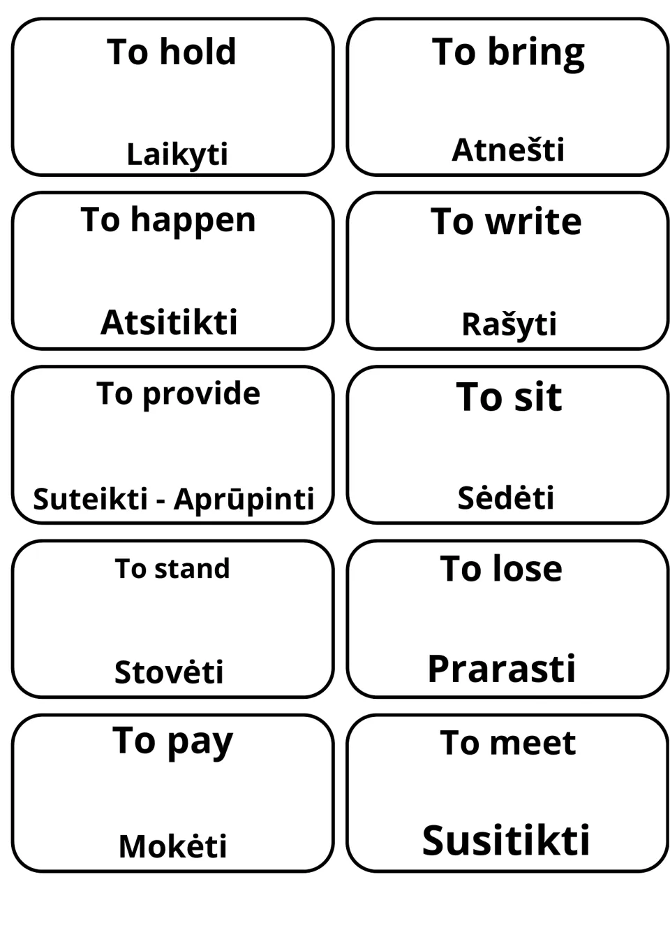 English verbs with Lithuanian meanings: to hold, to bring, to write and to sit shown as Laikyti, Atnešti, Rašyti, Sėdėti