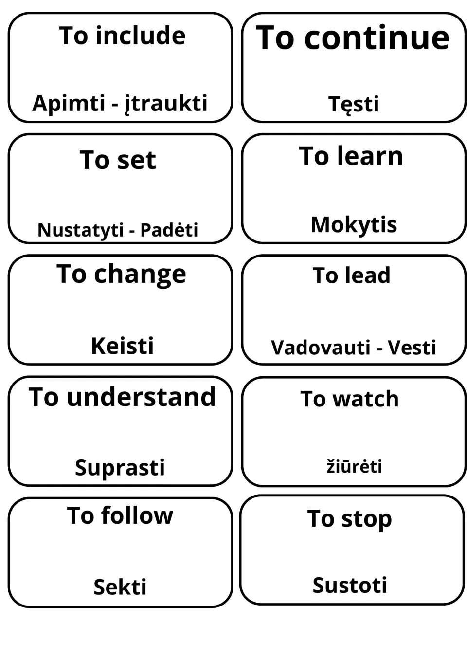 Lithuanian verb vocabulary cards: to include, to continue, to learn and to change as Apimti, Tęsti, Mokytis, Keisti