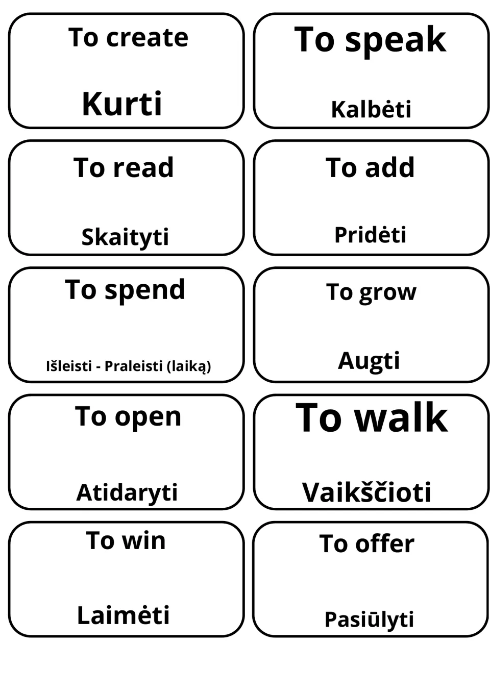 Flashcards translating to create, to speak, to read and to grow into Lithuanian: Kurti, Kalbėti, Skaityti, Augti