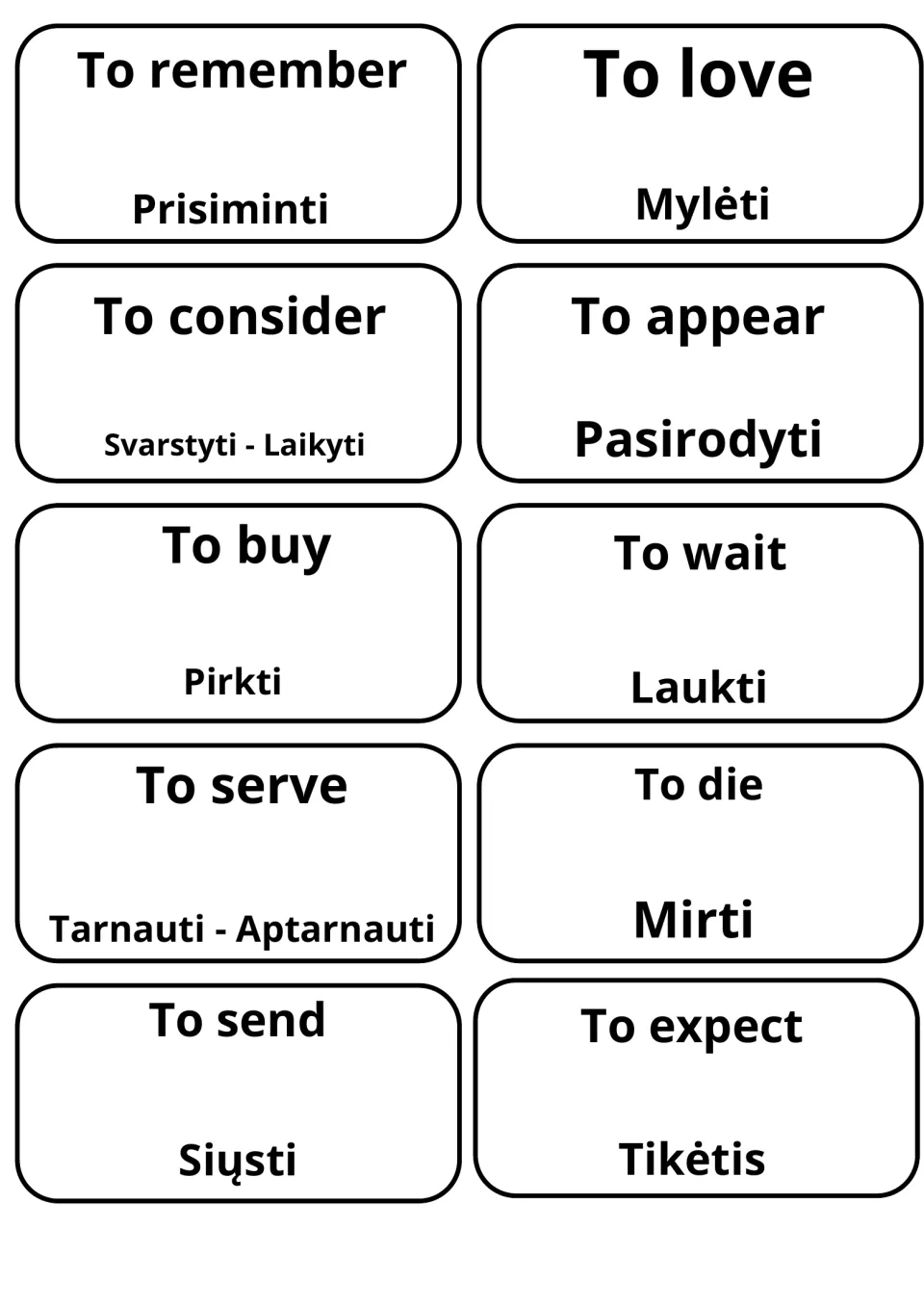 English-to-Lithuanian verb cards: to remember, to love, to buy and to wait paired with Prisiminti, Mylėti, Pirkti, Laukti