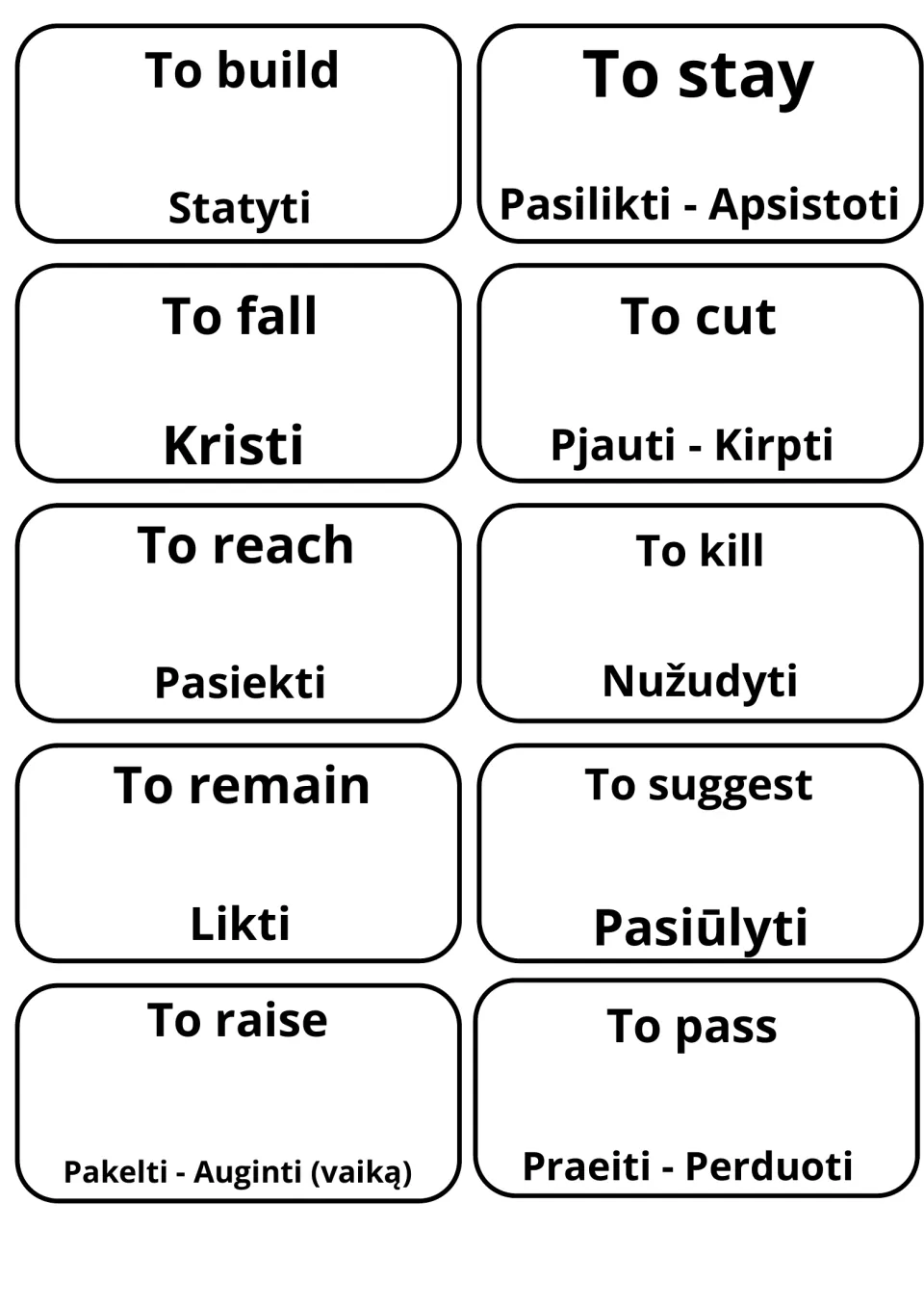 Lithuanian equivalents of to build, to stay, to fall and to cut on verb cards: Statyti, Pasilikti, Kristi, Pjauti