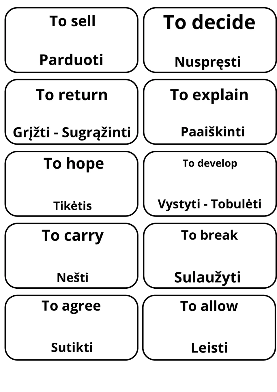 Last verb cards: to sell, to decide, to return and to explain in Lithuanian as Parduoti, Nuspręsti, Grįžti, Paaiškinti