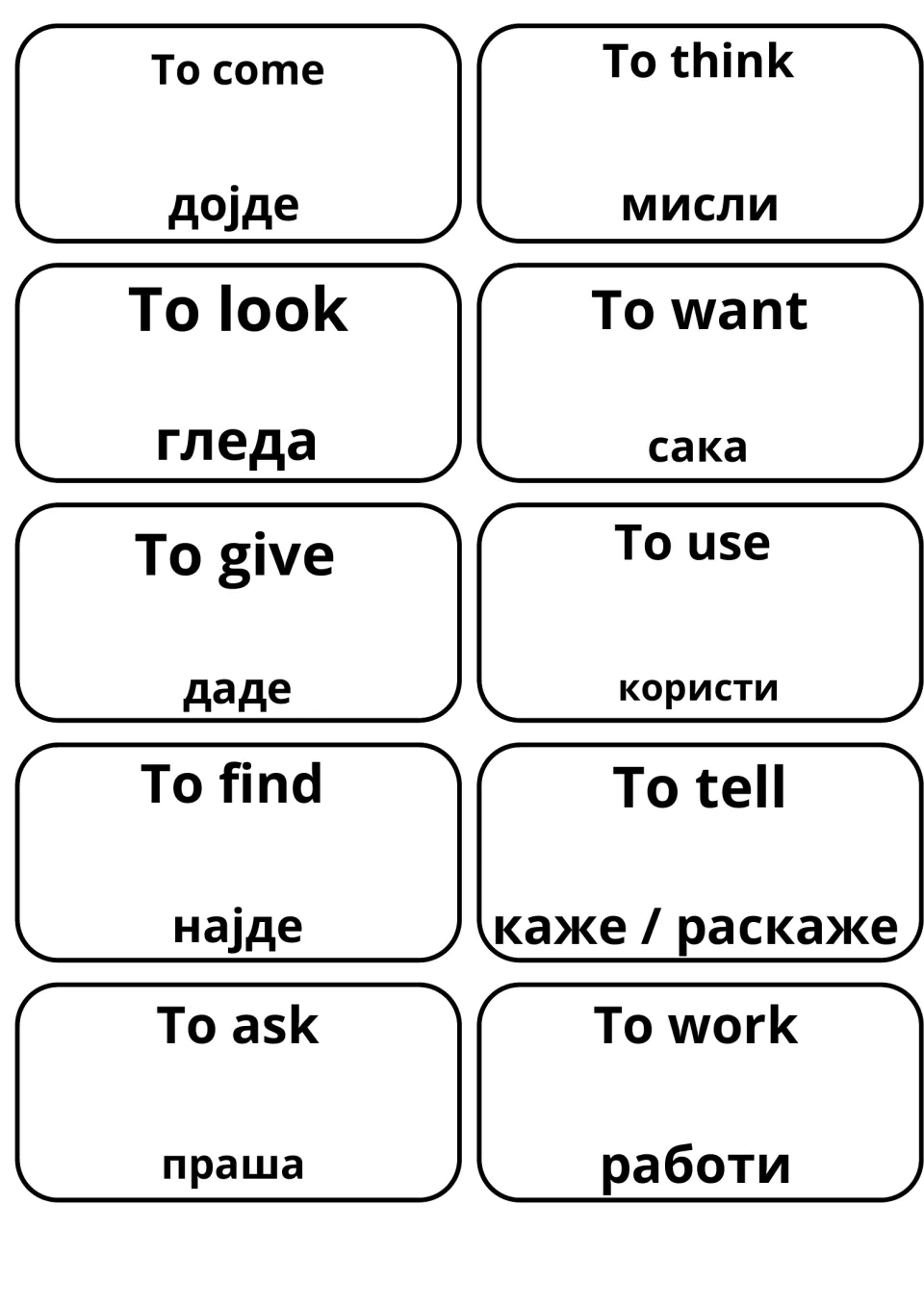 Verb cards for vocabulary review: to come, to think, to look, to want, to give, to use, to find and to ask with Macedonian