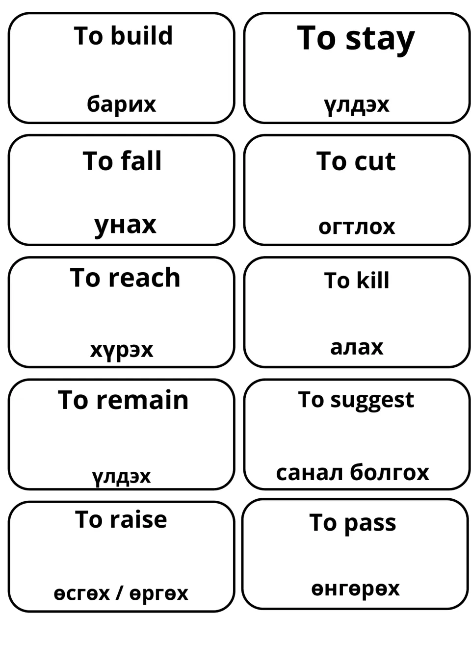 Translation flashcards for to build, to stay, to fall, to cut, to reach, to remain, to suggest, to raise and to pass