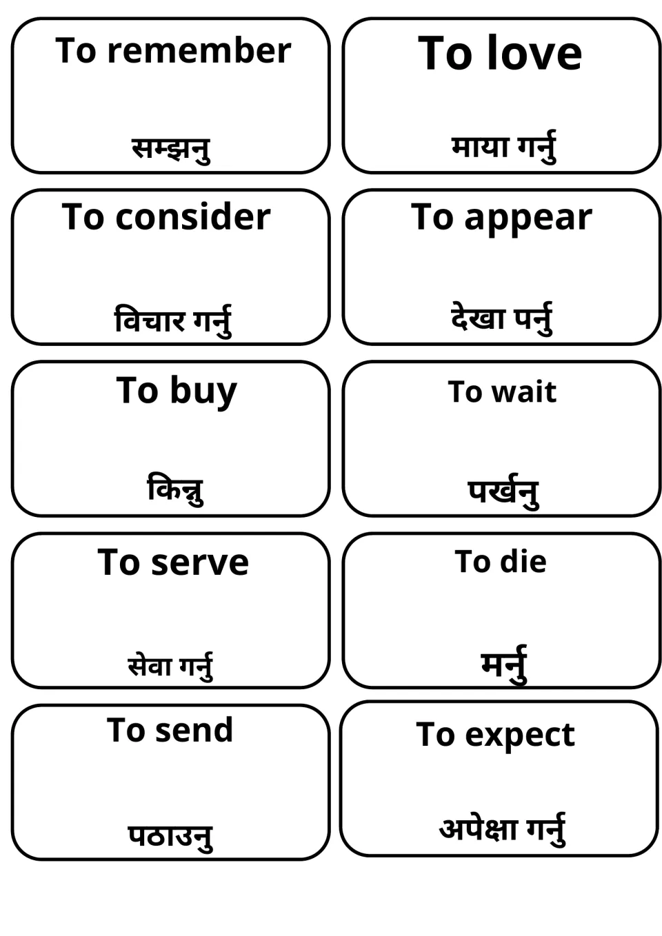 Cards translating to remember, to love, to consider, to buy, to wait, to send and to expect from English to Nepali