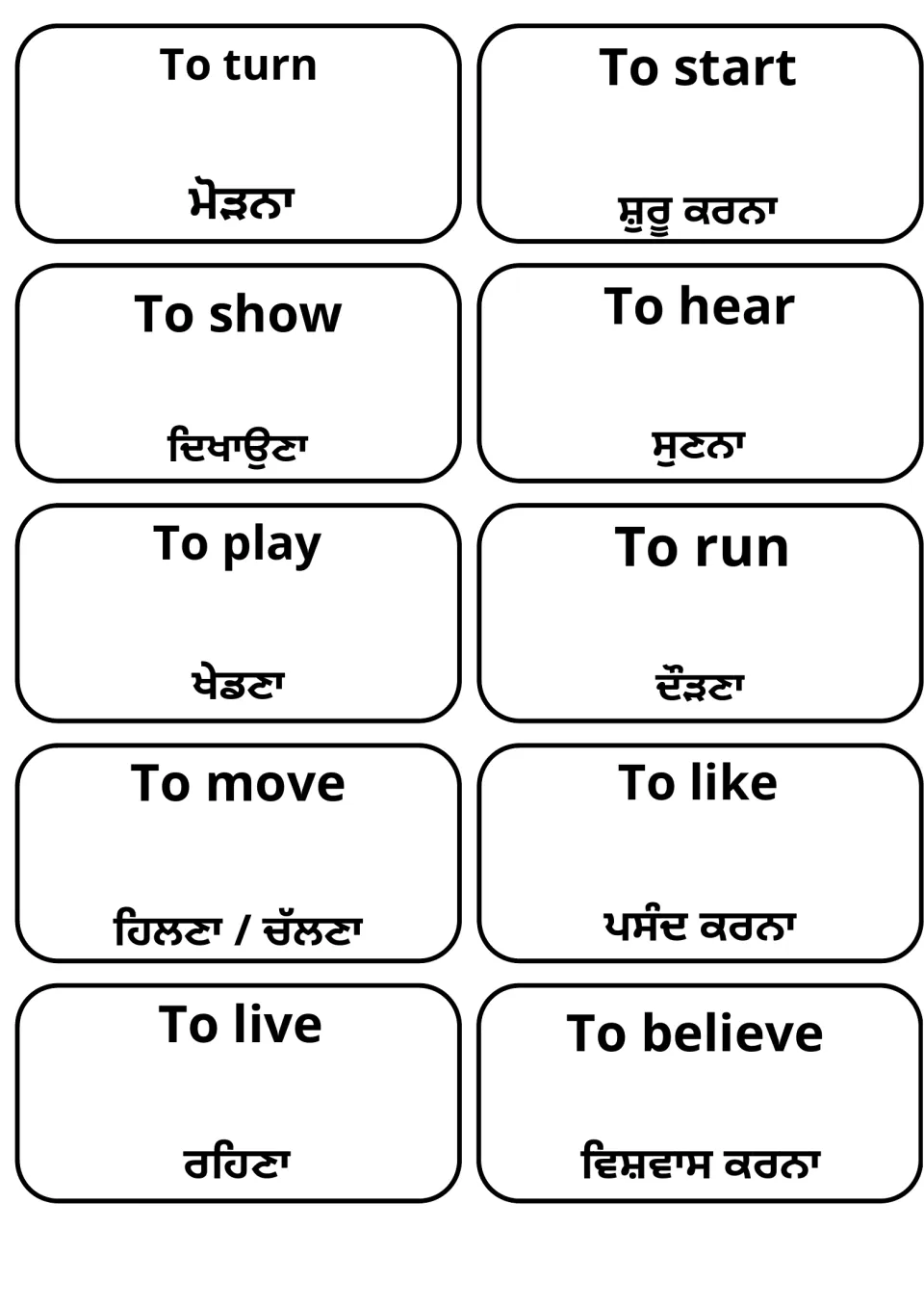 Action verb cards with Gurmukhi meanings: to turn, to start, to show, to hear, to play, to run, to move, to like, to live