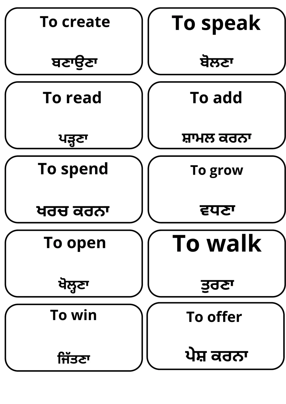 Gurmukhi vocabulary cards translating to create, to speak, to read, to add, to spend, to grow, to open and to walk