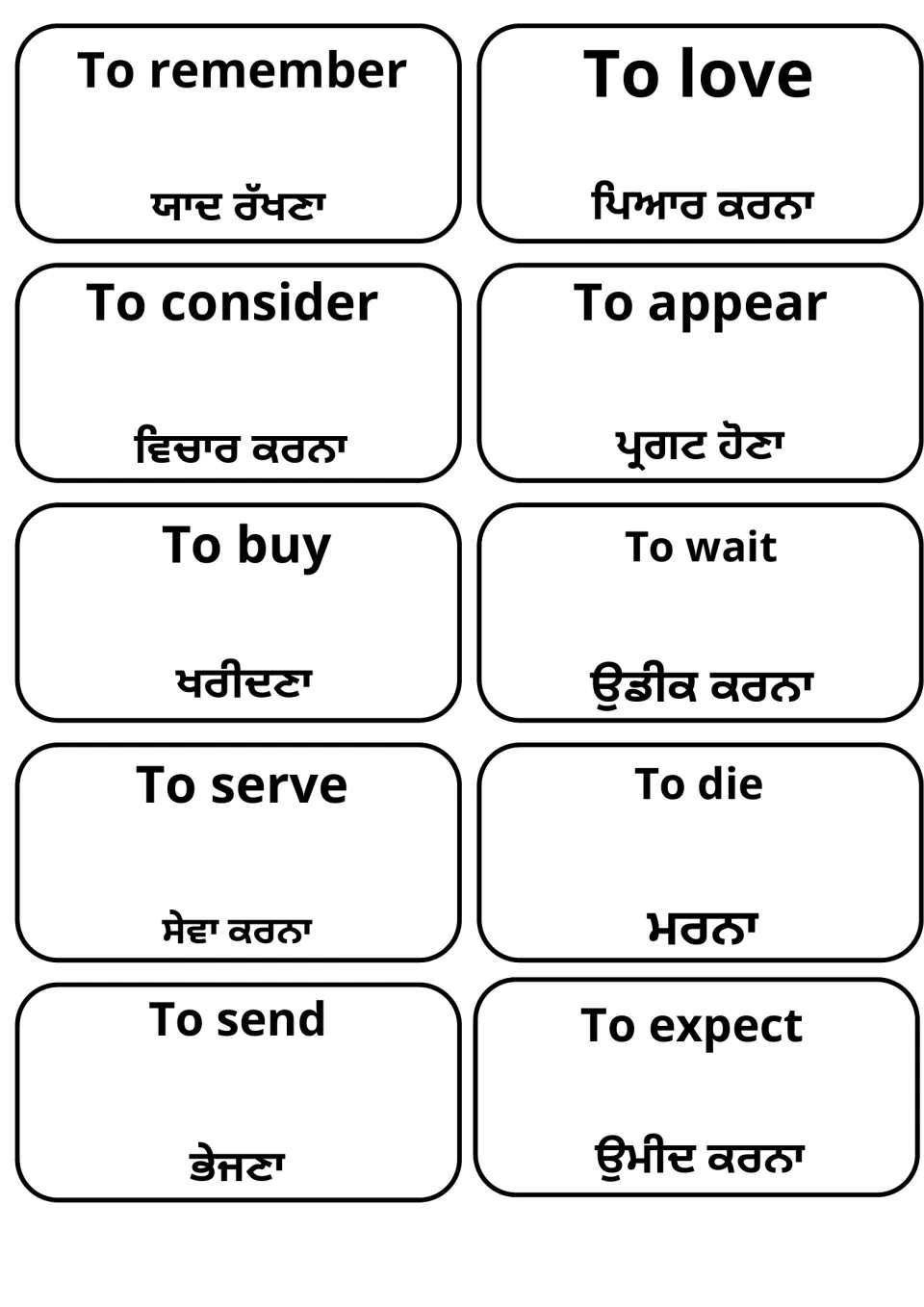 Verb cards pairing to remember, to love, to consider, to appear, to buy, to wait, to serve and to expect with Punjabi