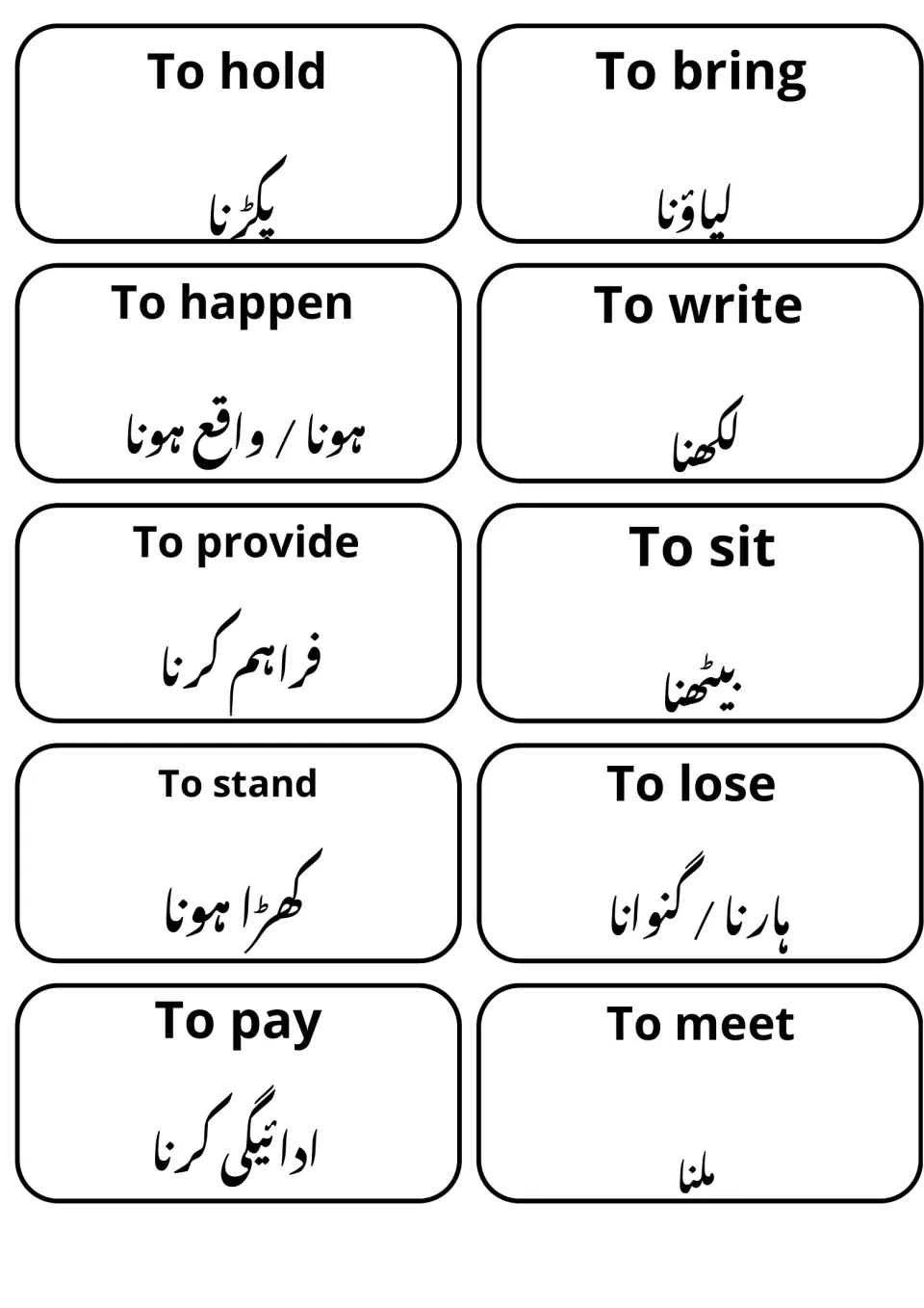 Verb flashcards: to hold, to bring, to happen, to write, to sit, to stand, to lose, to pay and to meet with Shahmukhi