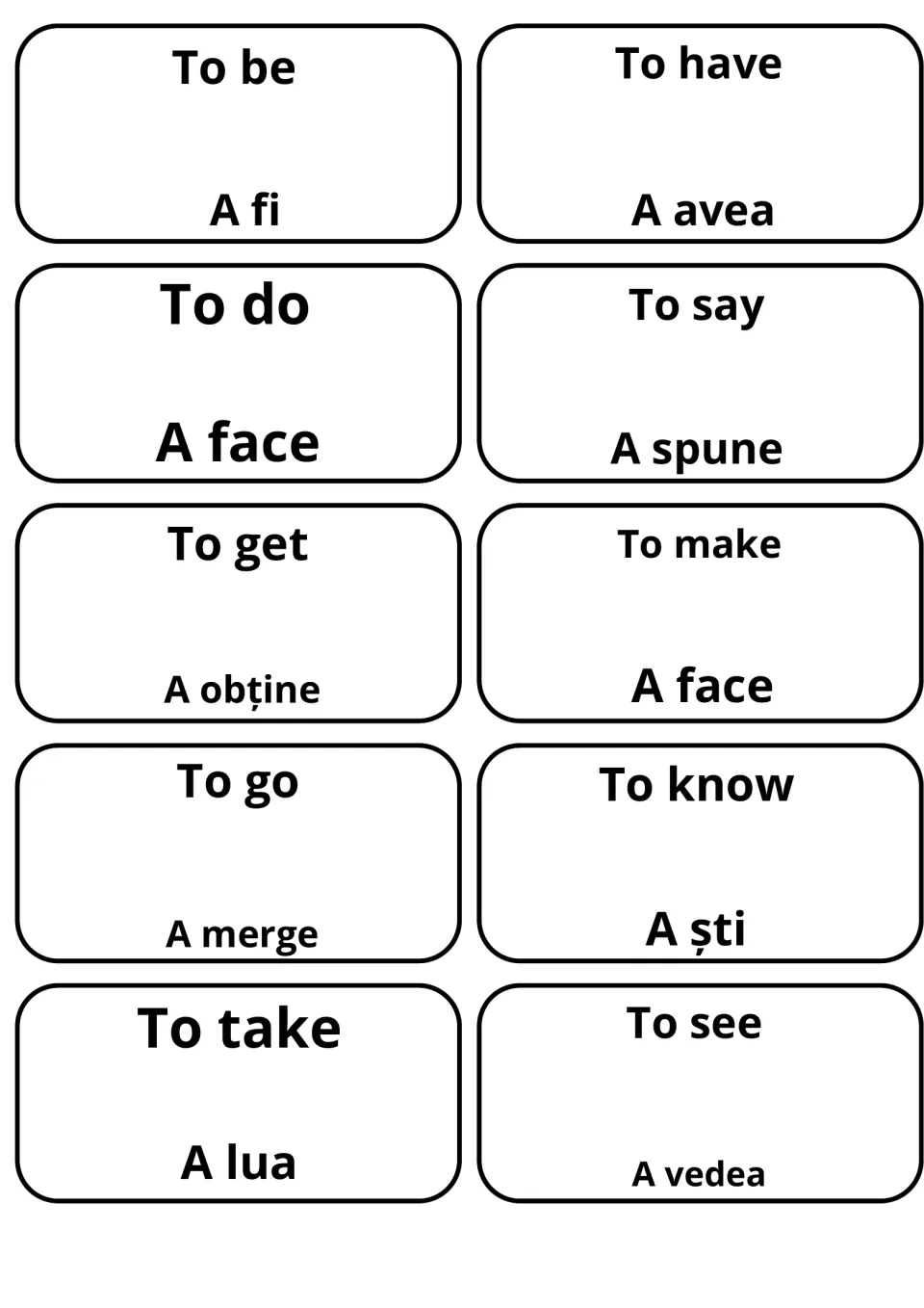 English-Romanian verb flashcards: 10 cards pairing to be, to have, to do and to know with a fi, a avea, a face, a ști