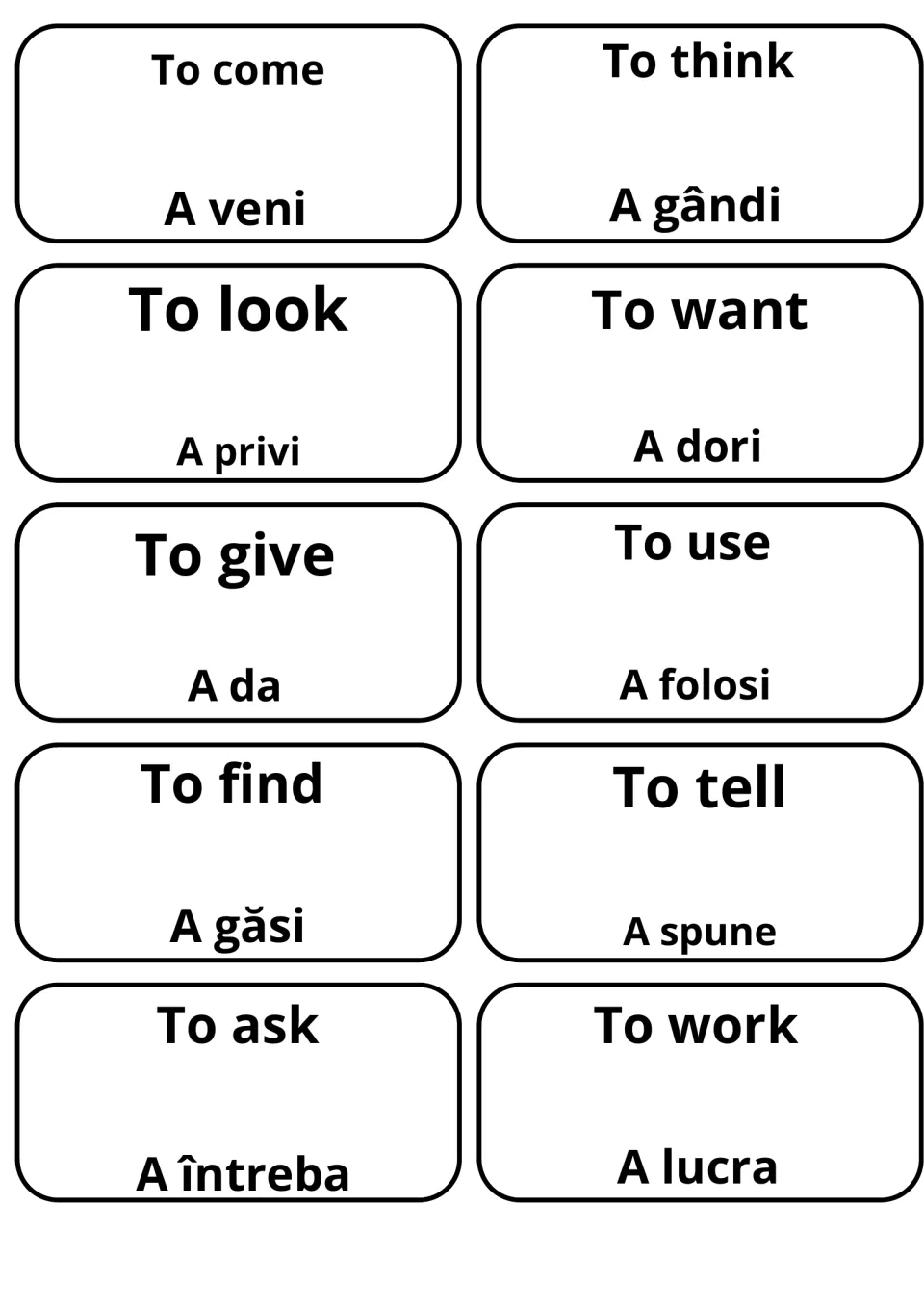 Verb translation cards: to come, to think, to look, to give and to ask shown with a veni, a gândi, a privi, a da, a întreba