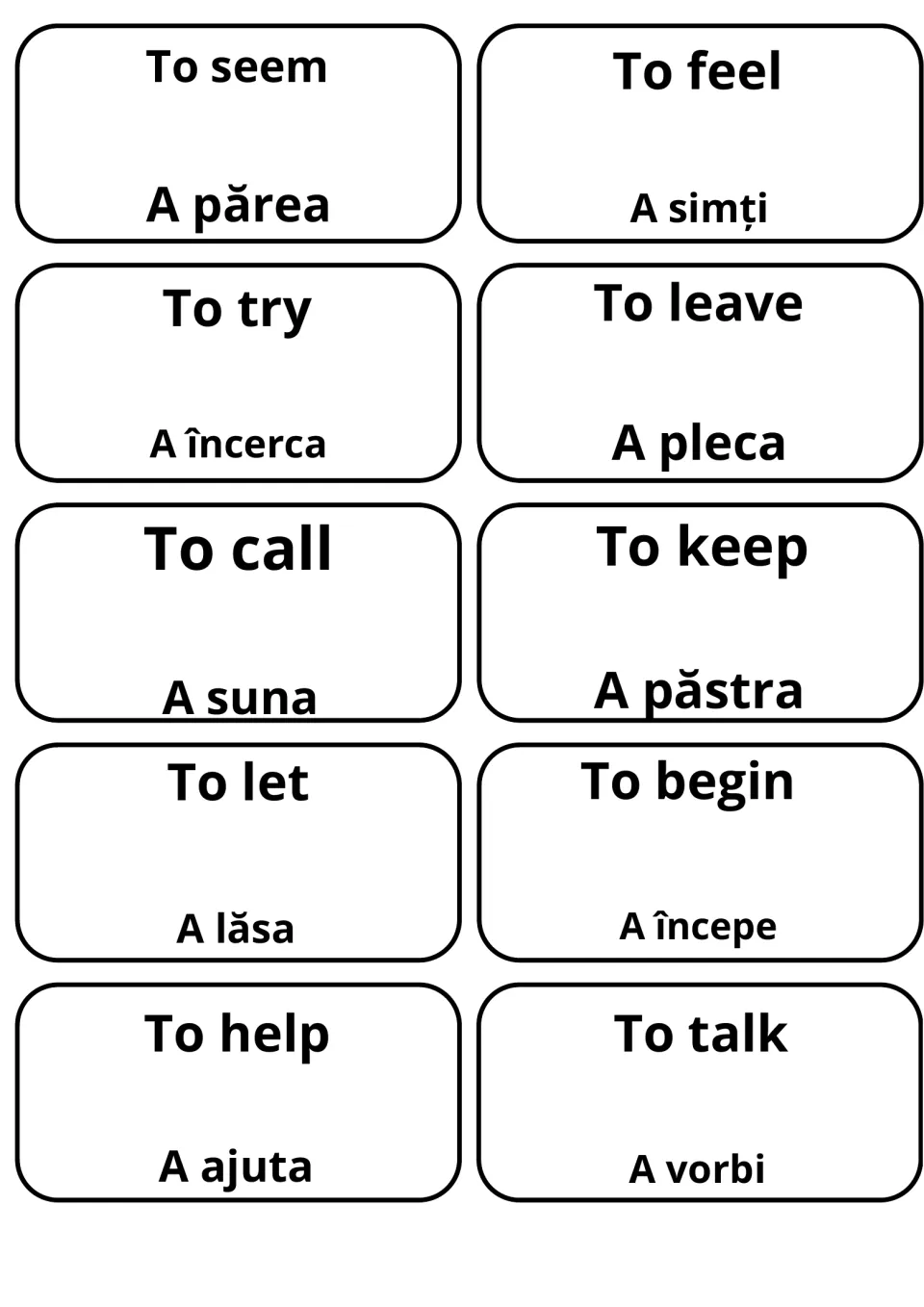 Romanian verb cards: to seem, to feel, to try and to leave as a părea, a simți, a încerca and a pleca, plus to help