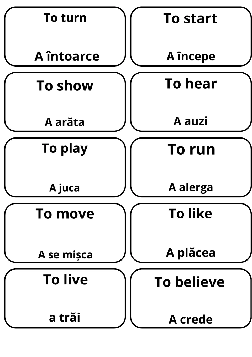 Action verb cards: to turn, to show, to hear, to play and to run paired with a întoarce, a arăta, a auzi, a juca, a alerga
