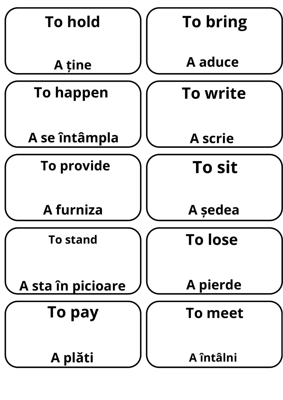 Verb cards for to hold, to bring, to happen and to write with a ține, a aduce, a se întâmpla, a scrie, plus to pay