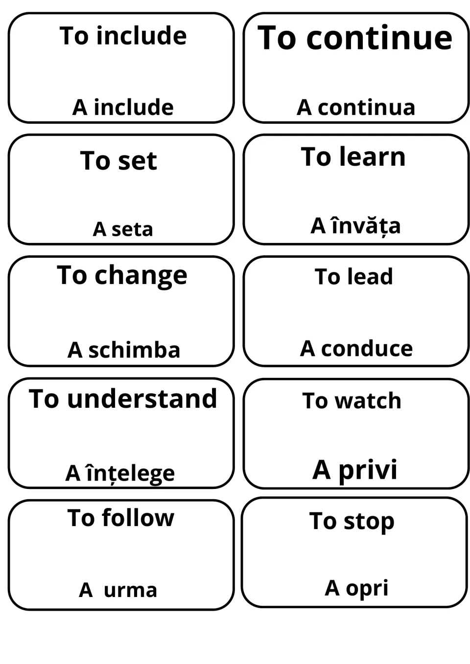 Translation cards: to include, to learn, to change and to stop beside a include, a învăța, a schimba and a opri