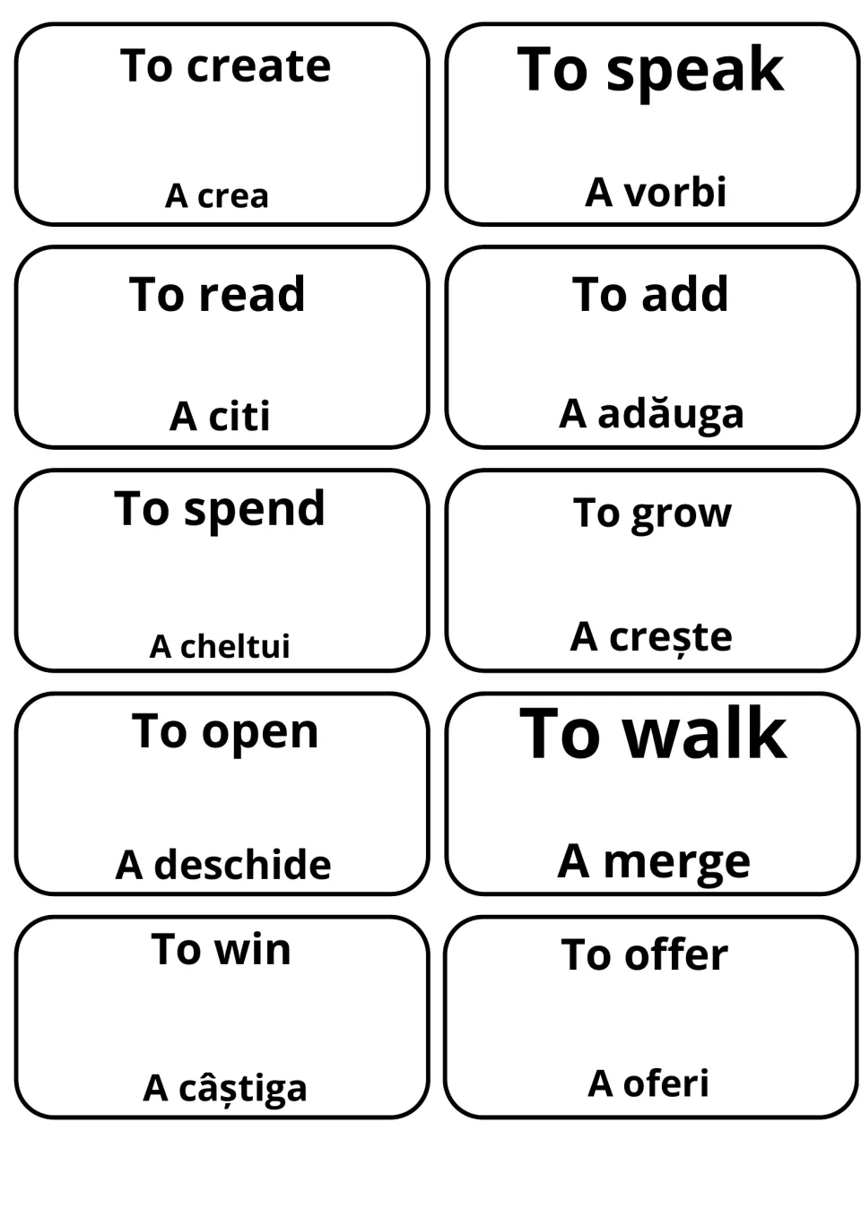 Verb cards pairing to create, to speak, to read and to spend with a crea, a vorbi, a citi and a cheltui, plus to win