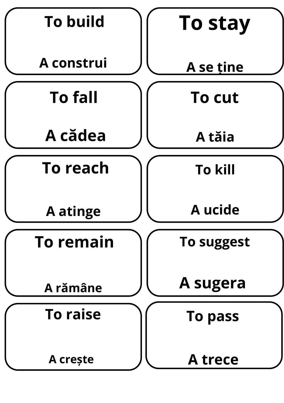 Verb cards for to build, to stay, to fall and to cut with a construi, a se ține, a cădea and a tăia, plus to pass