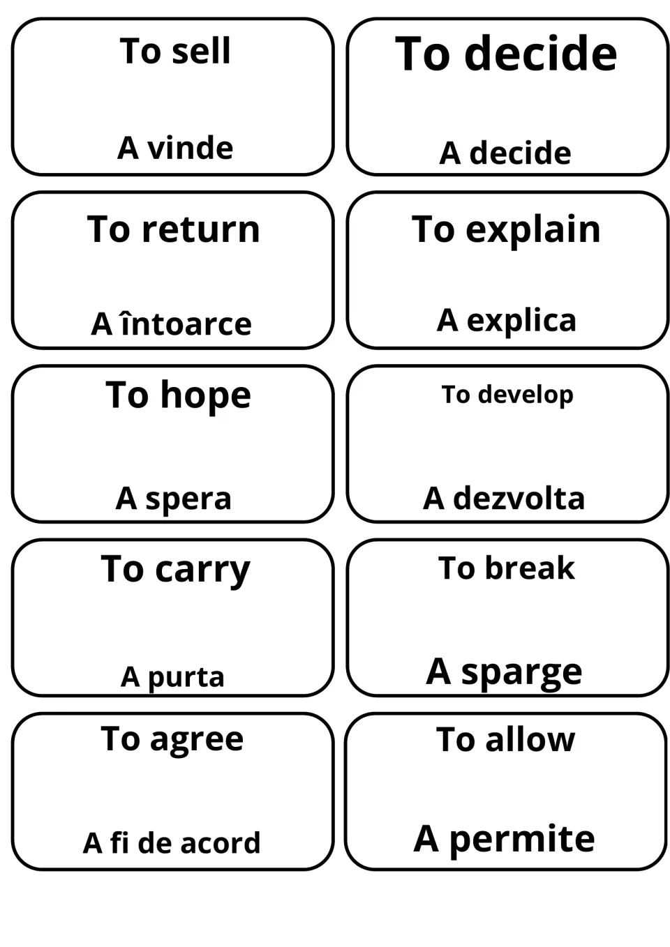 Verb cards: to sell, to decide, to explain and to hope beside a vinde, a decide, a explica and a spera, plus to agree
