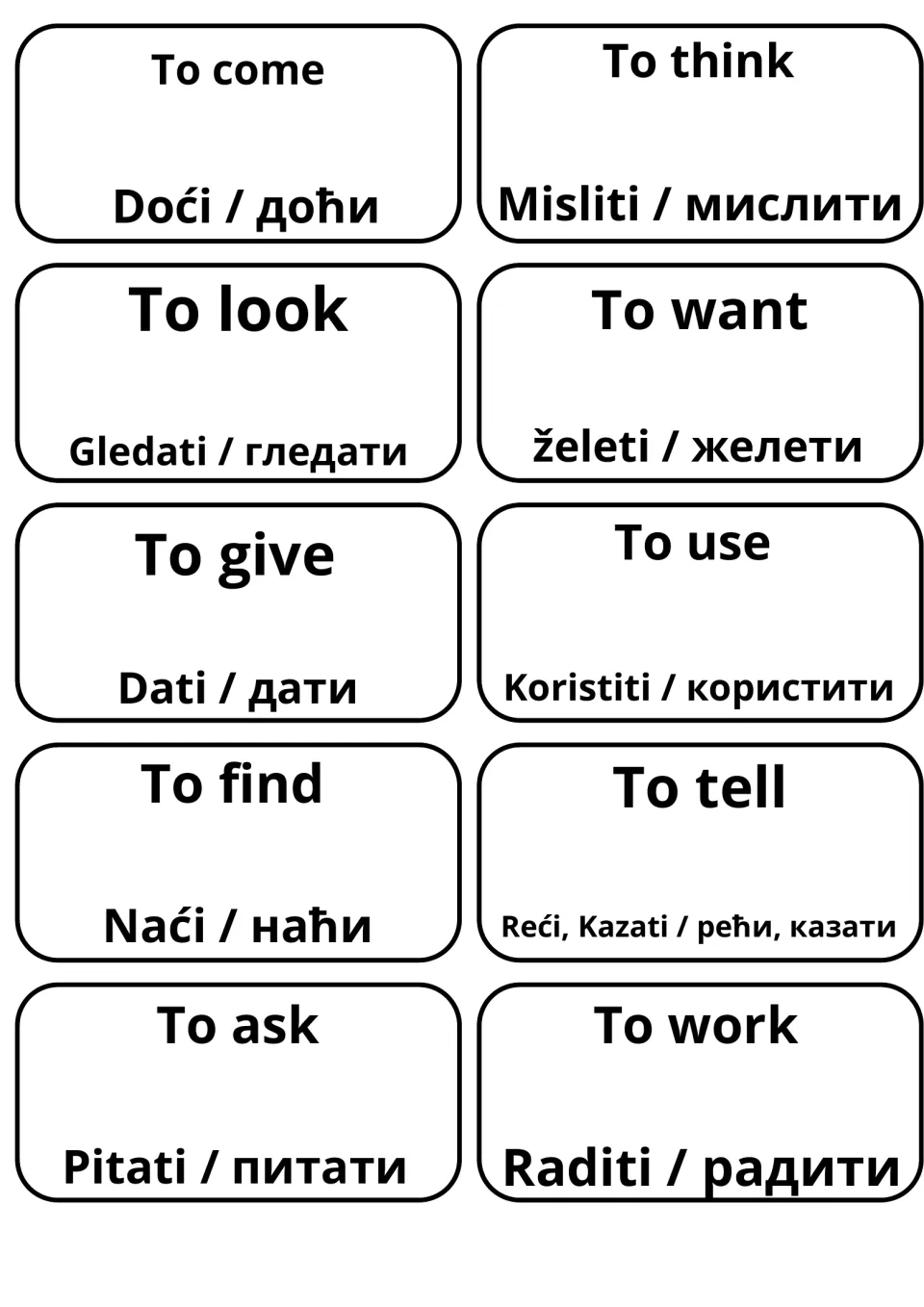 Serbian verb cards for to come, think, look, want, give, use, find, tell, ask and work, with Latin and Cyrillic spellings