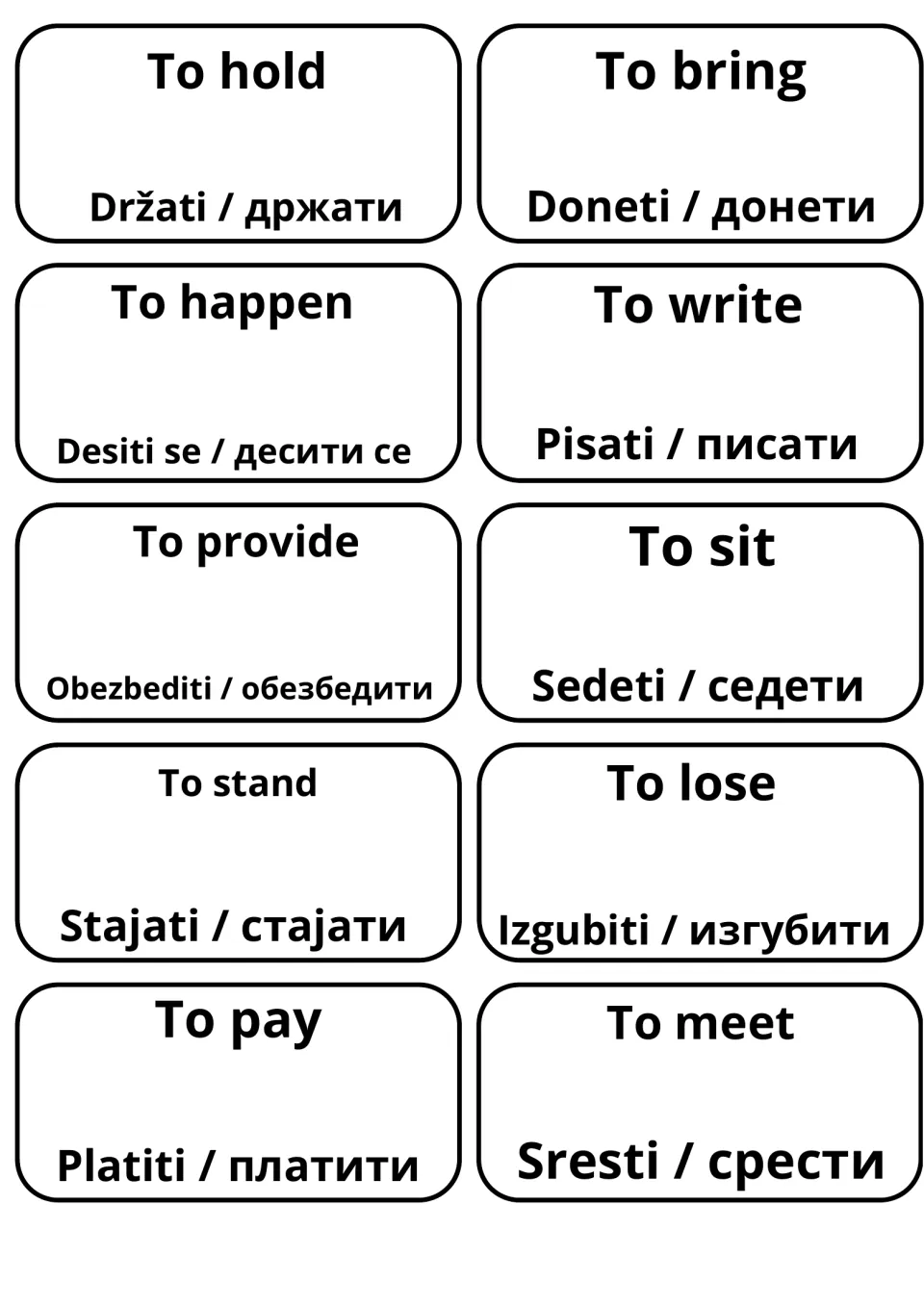 Serbian translation cards for to hold, bring, happen, write, provide, sit, stand, lose, pay and meet in Latin and Cyrillic