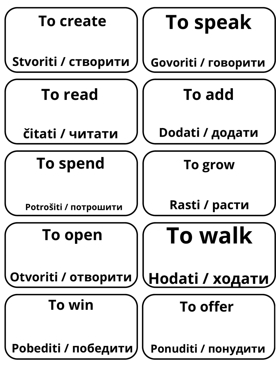 Flashcards translating to create, speak, read, add, spend, grow, open, walk, win and offer into Serbian Latin and Cyrillic