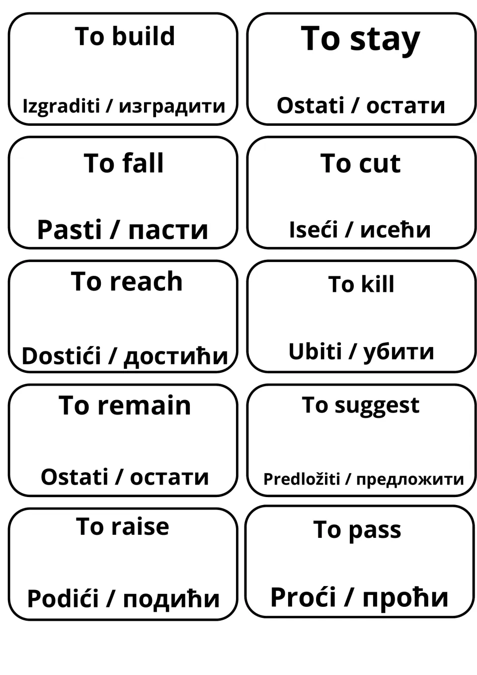 English to Serbian verb cards for to build, stay, fall, cut, reach, kill, remain, suggest, raise and pass, in two scripts