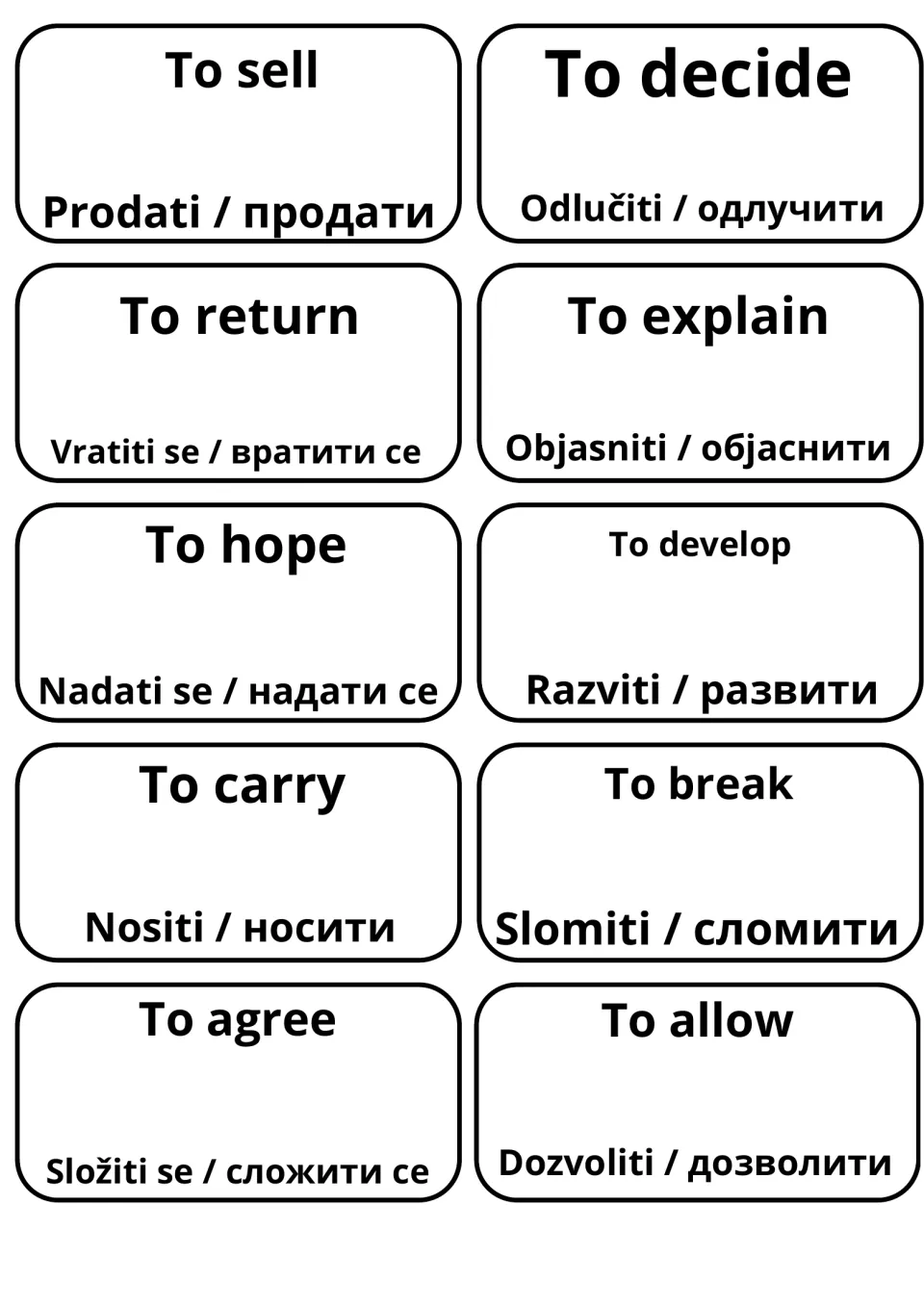Serbian flashcards for to sell, decide, return, explain, hope, develop, carry, break, agree and allow, Latin and Cyrillic