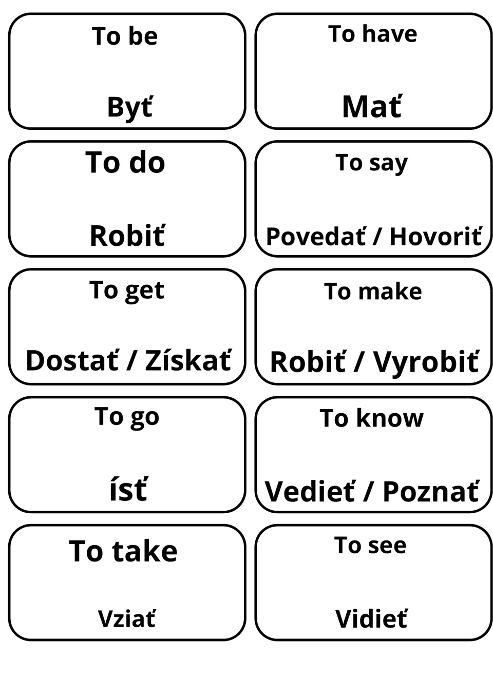 English to Slovak verb flashcards: 10 cards pairing to be, to have, to do, to go and more with Slovak, like Byť and Mať