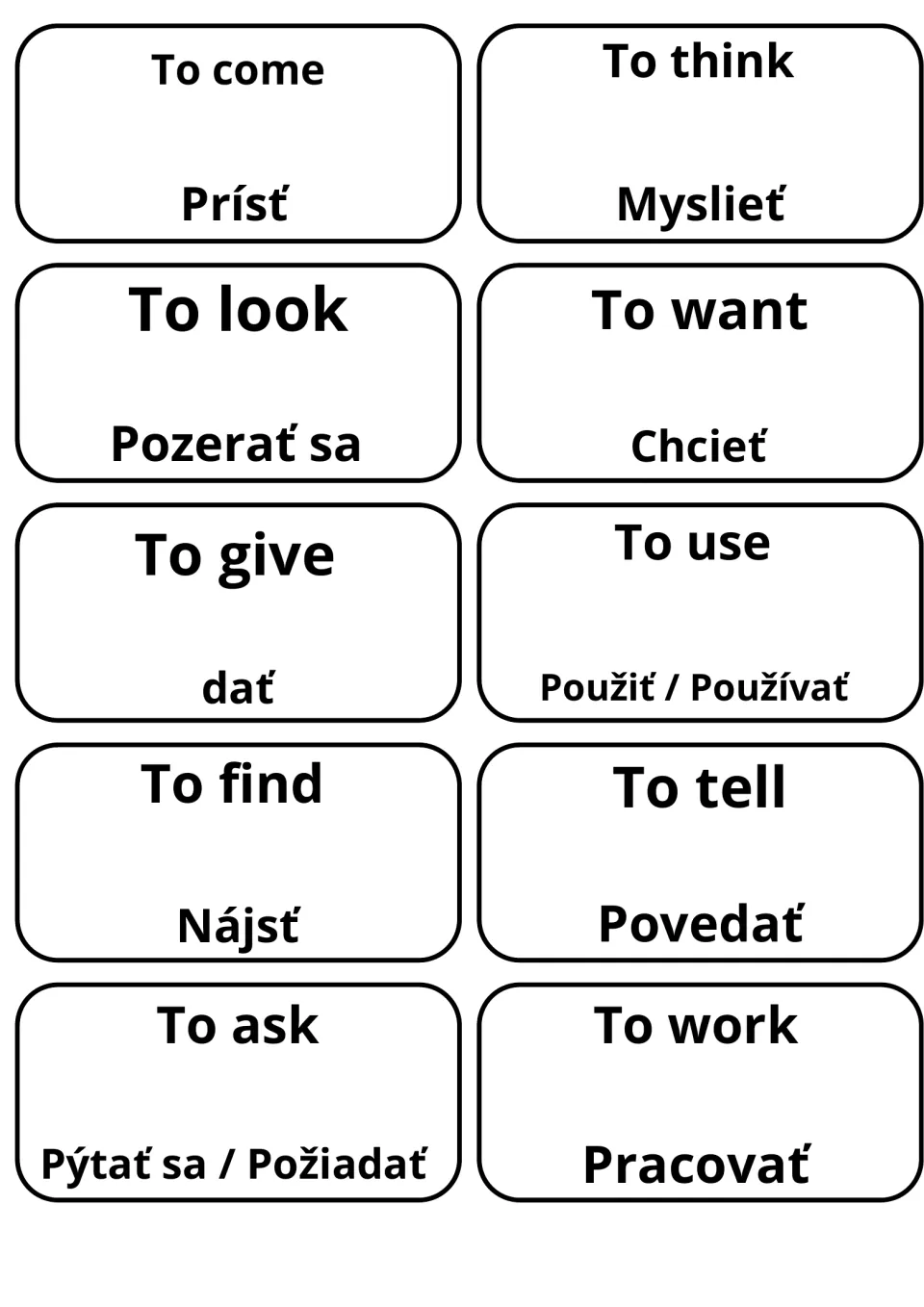 Slovak verb flashcards: to come, to think, to look, to want, to give, to work and more, each with its Slovak translation