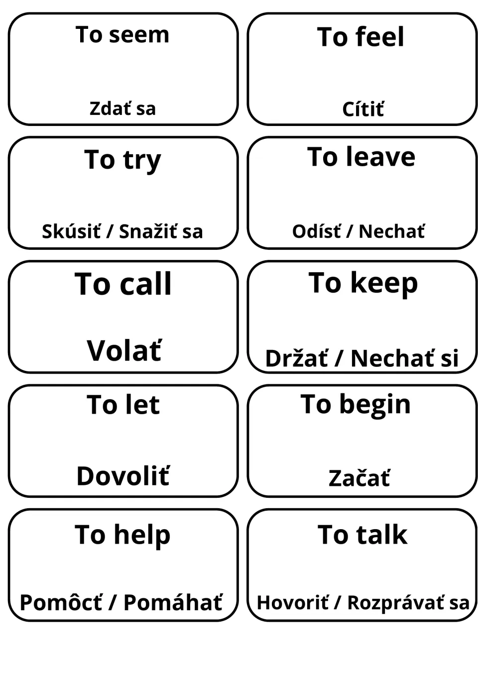 Slovak words for to seem, to feel, to try, to leave, to call, to keep, to let, to begin, to help and to talk on 10 cards