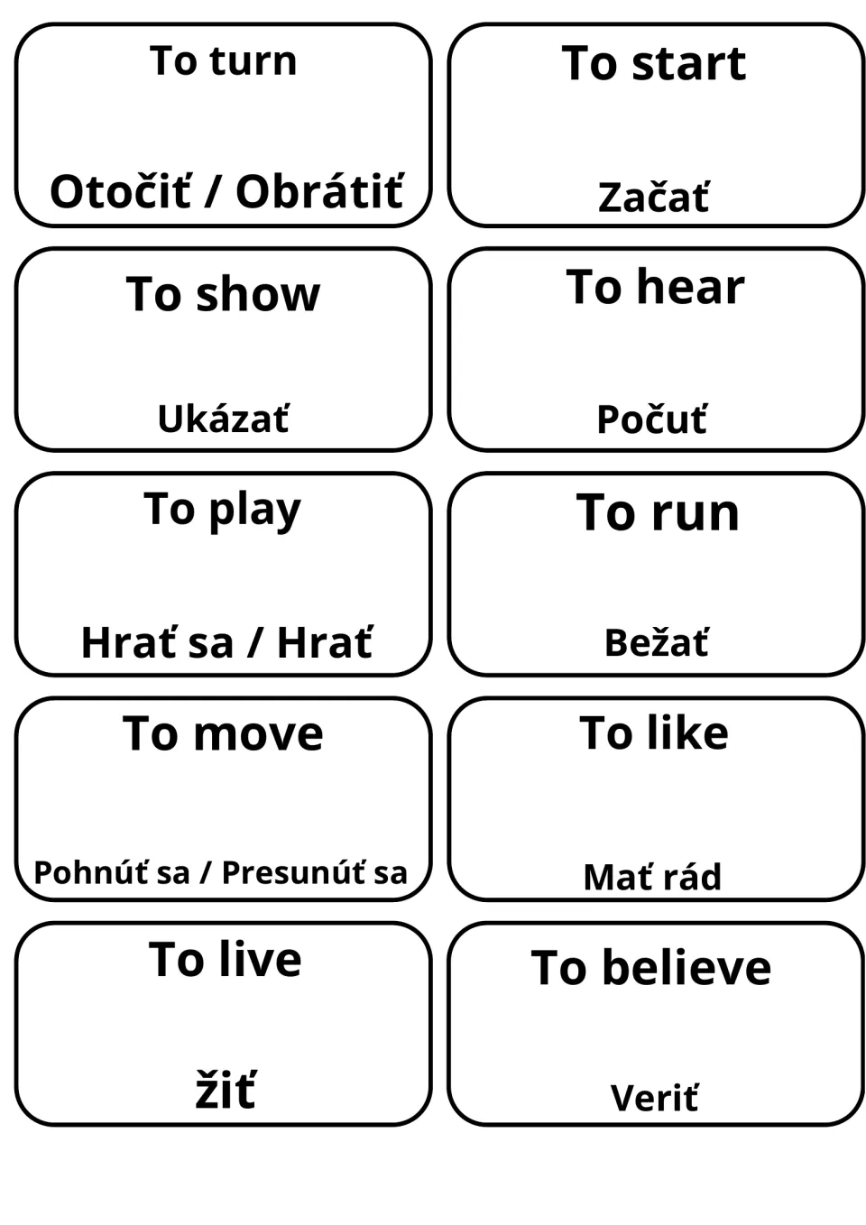 Verb cards for to turn, to start, to show, to hear, to play, to run, to move, to like, to live and to believe with Slovak