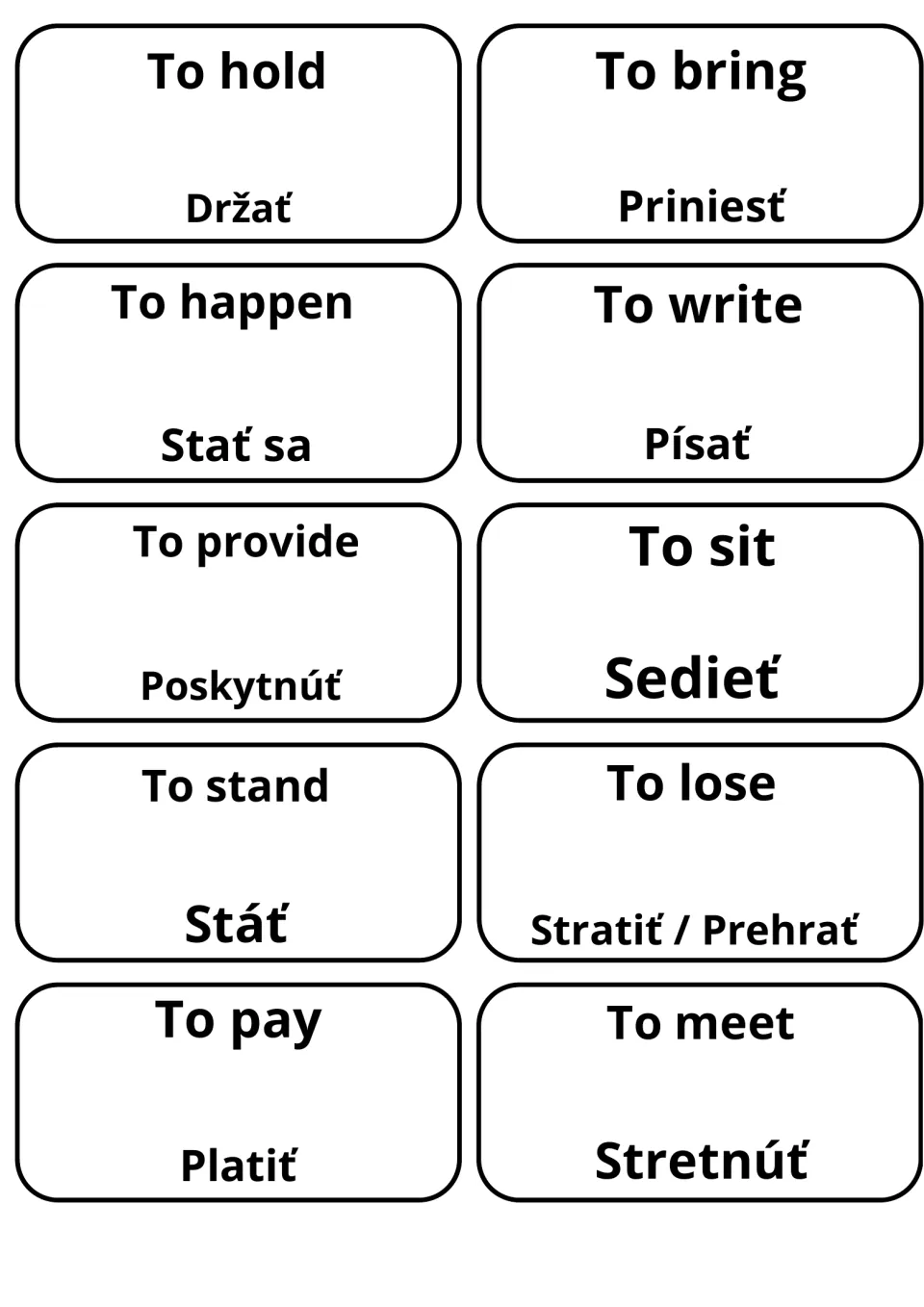 Verb cards: to hold, to bring, to happen, to write, to provide, to sit, to stand, to lose, to pay and to meet in Slovak