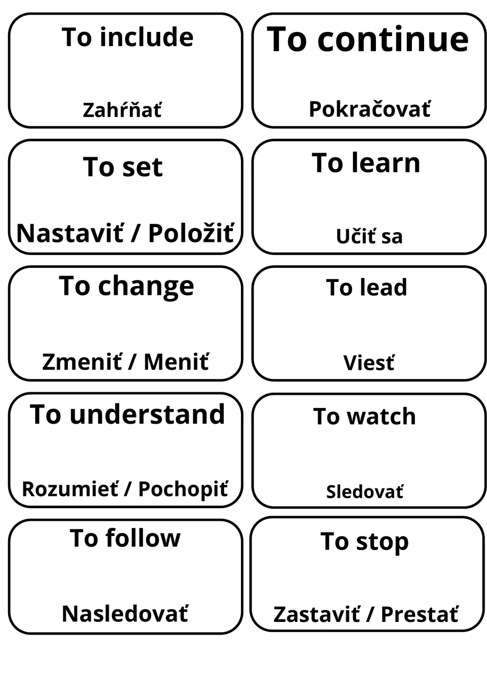 Verbs in Slovak: to include, to continue, to set, to learn, to change, to lead, to understand, to watch, to follow, to stop