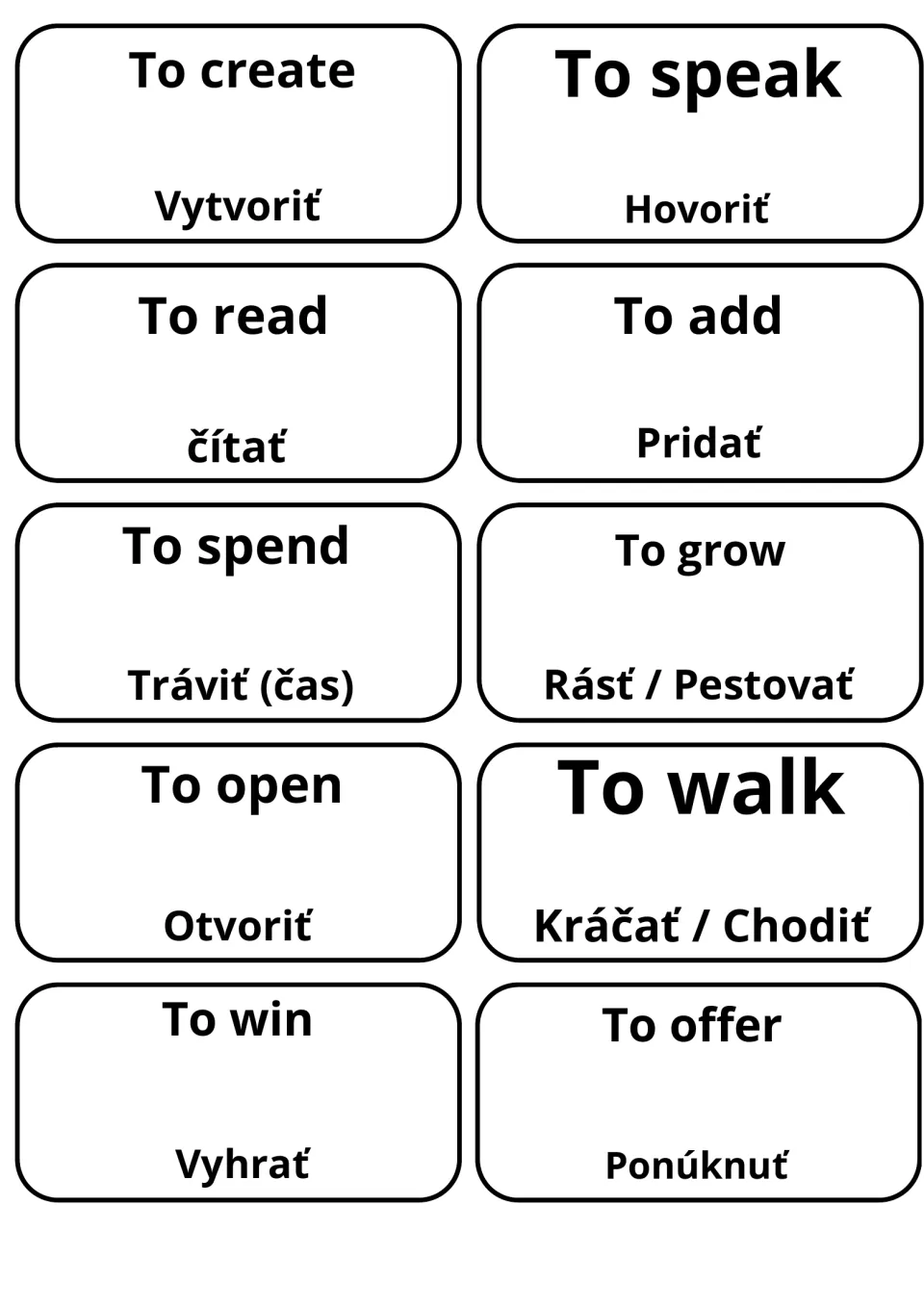 Cards translating to create, to speak, to read, to add, to spend, to grow, to open, to walk, to win and to offer into Slovak