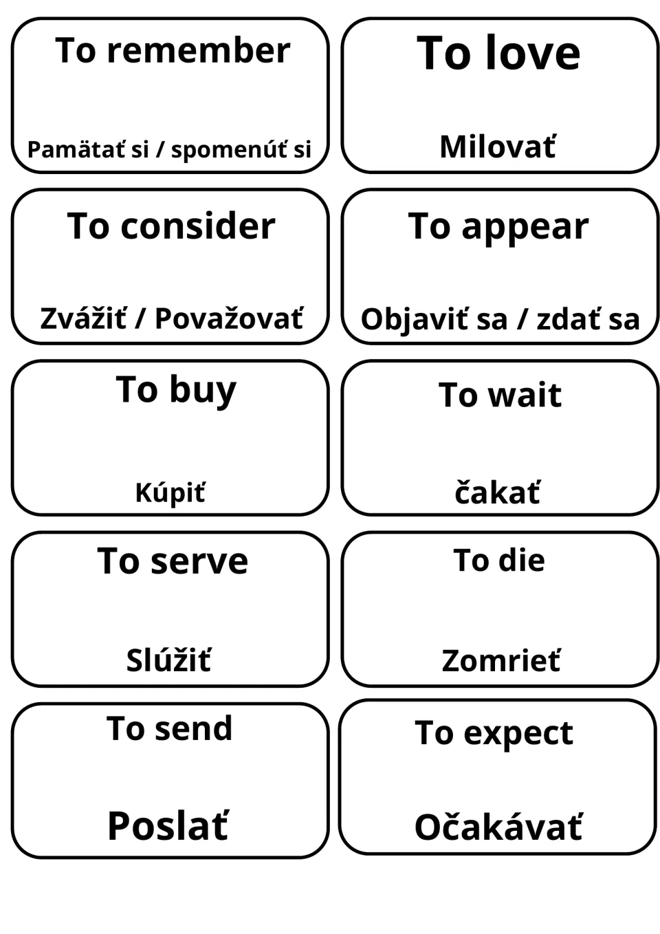 Slovak meanings for to remember, to love, to consider, to appear, to buy, to wait, to serve, to die, to send and to expect