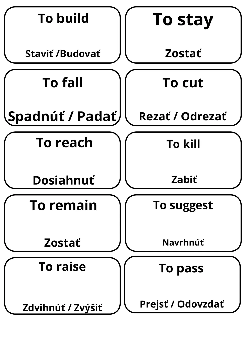 Slovak flashcards for to build, to stay, to fall, to cut, to reach, to kill, to remain, to suggest, to raise and to pass