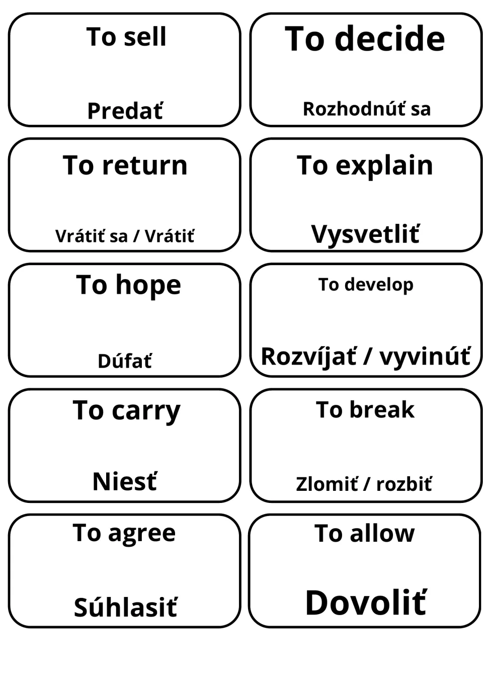 Slovak verb cards: to sell, to decide, to return, to explain, to hope, to develop, to carry, to break, to agree, to allow