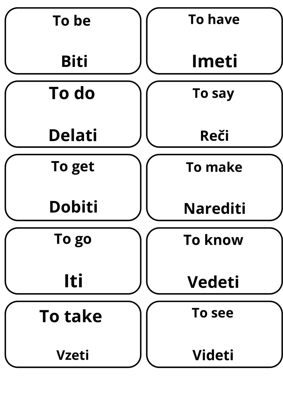 English-Slovene verb flashcards: 10 cards pair to be, to have, to do, to say, to go with Biti, Imeti, Delati, Reči, Iti