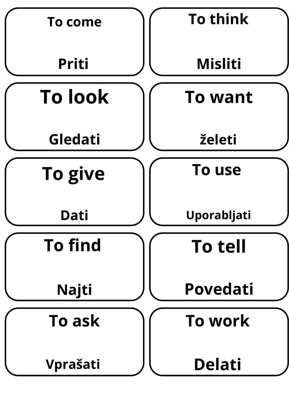 Verb cards matching to come, to think, to look, to want and to ask with Slovene Priti, Misliti, Gledati, želeti, Vprašati