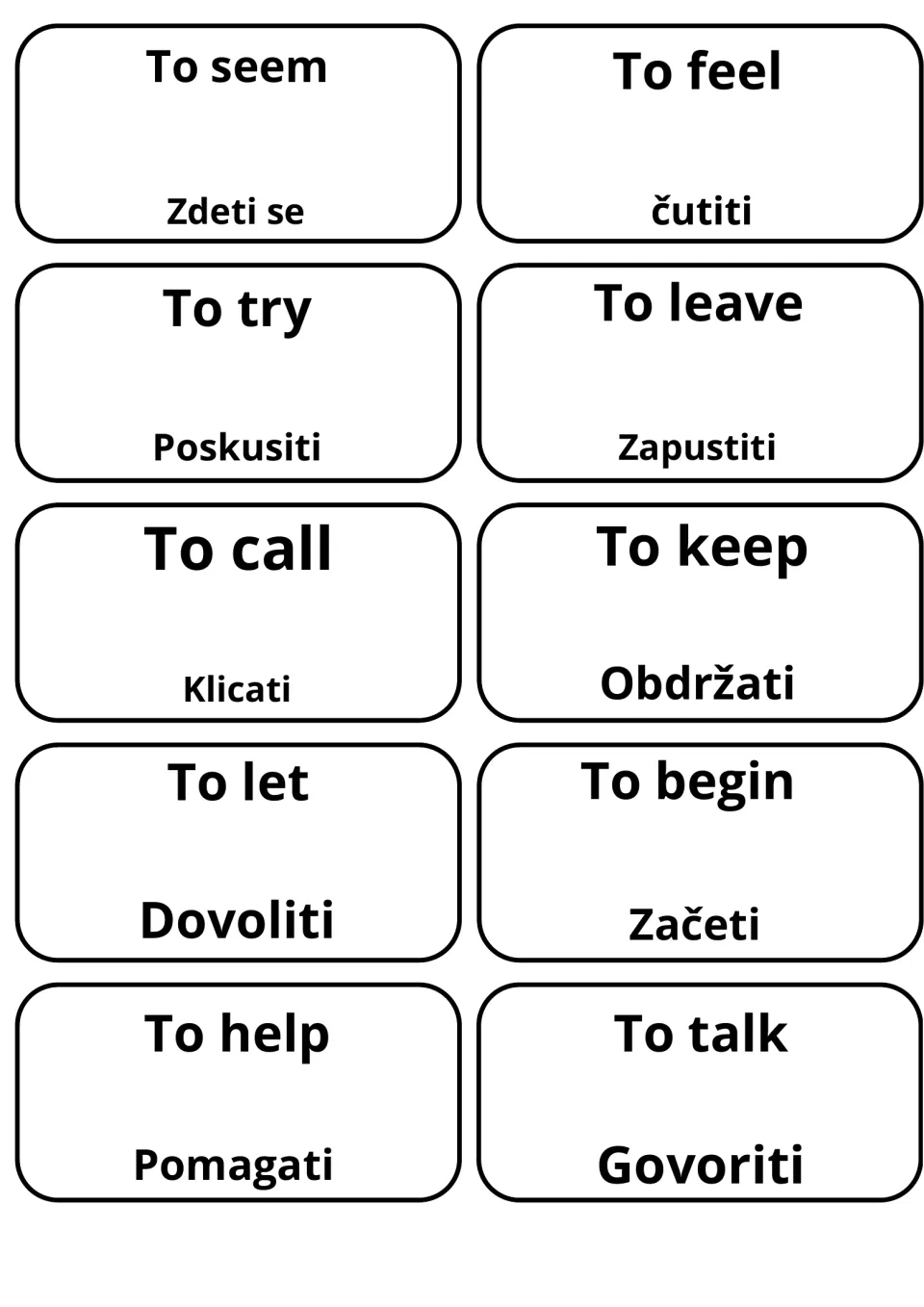 Translation cards for to seem, to feel, to try, to leave and to help, shown with Zdeti se, čutiti, Poskusiti, Pomagati