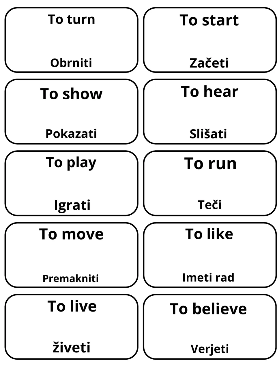 Slovene verb cards: to turn, to show, to play, to run, to like and to believe beside Obrniti, Igrati, Verjeti