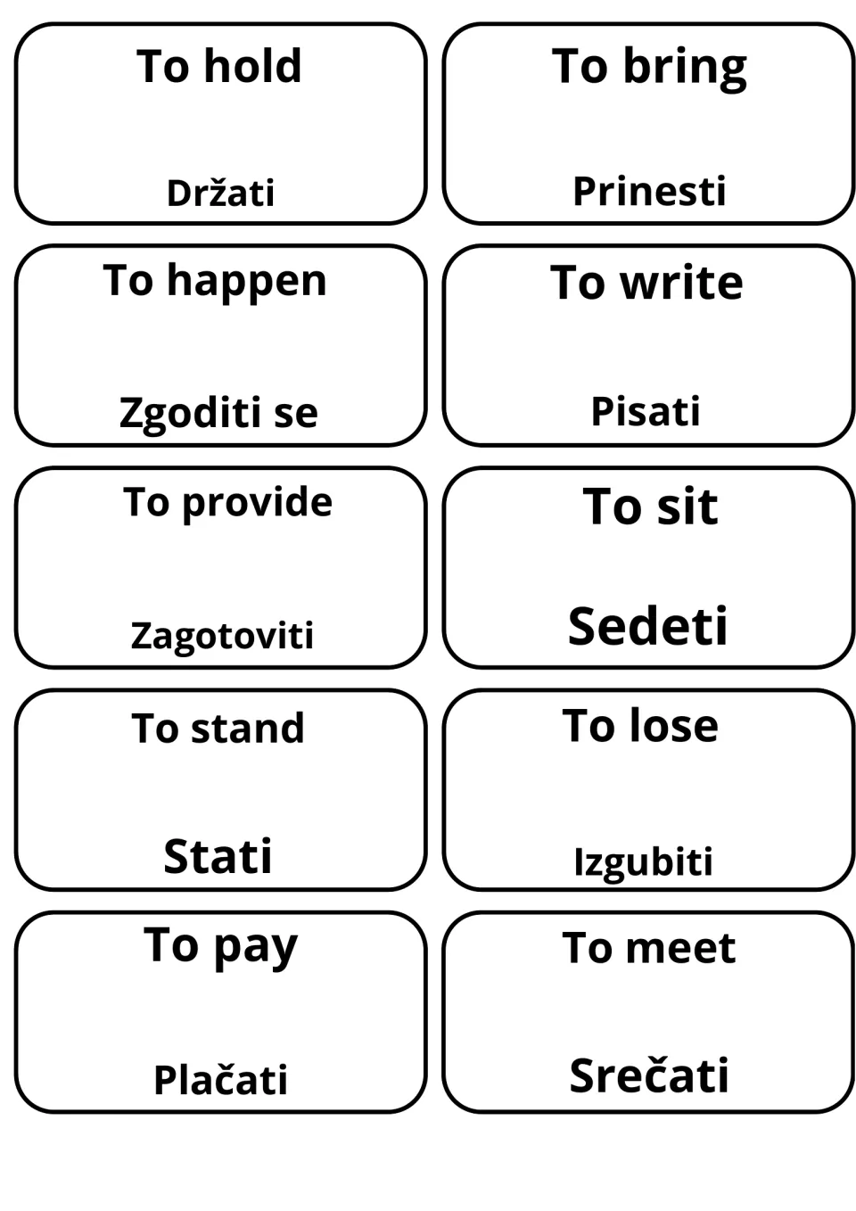 Ten verb pairs including to hold, to bring, to write, to sit, to pay and to meet with Držati, Prinesti, Pisati, Plačati